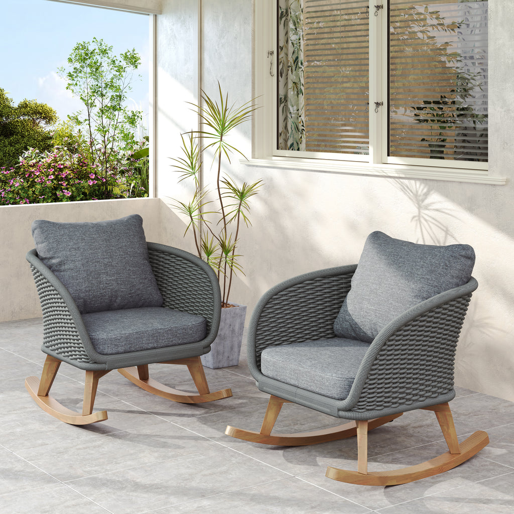[Set of 2] 29.5' Contemporary Minimalist Gray Wicker Rocking Chair with Soft Polyester Cushions and Durable Wooden Frame, Perfect for Indoor and Outdoor Spaces like Patio, Balcony, or Living Room