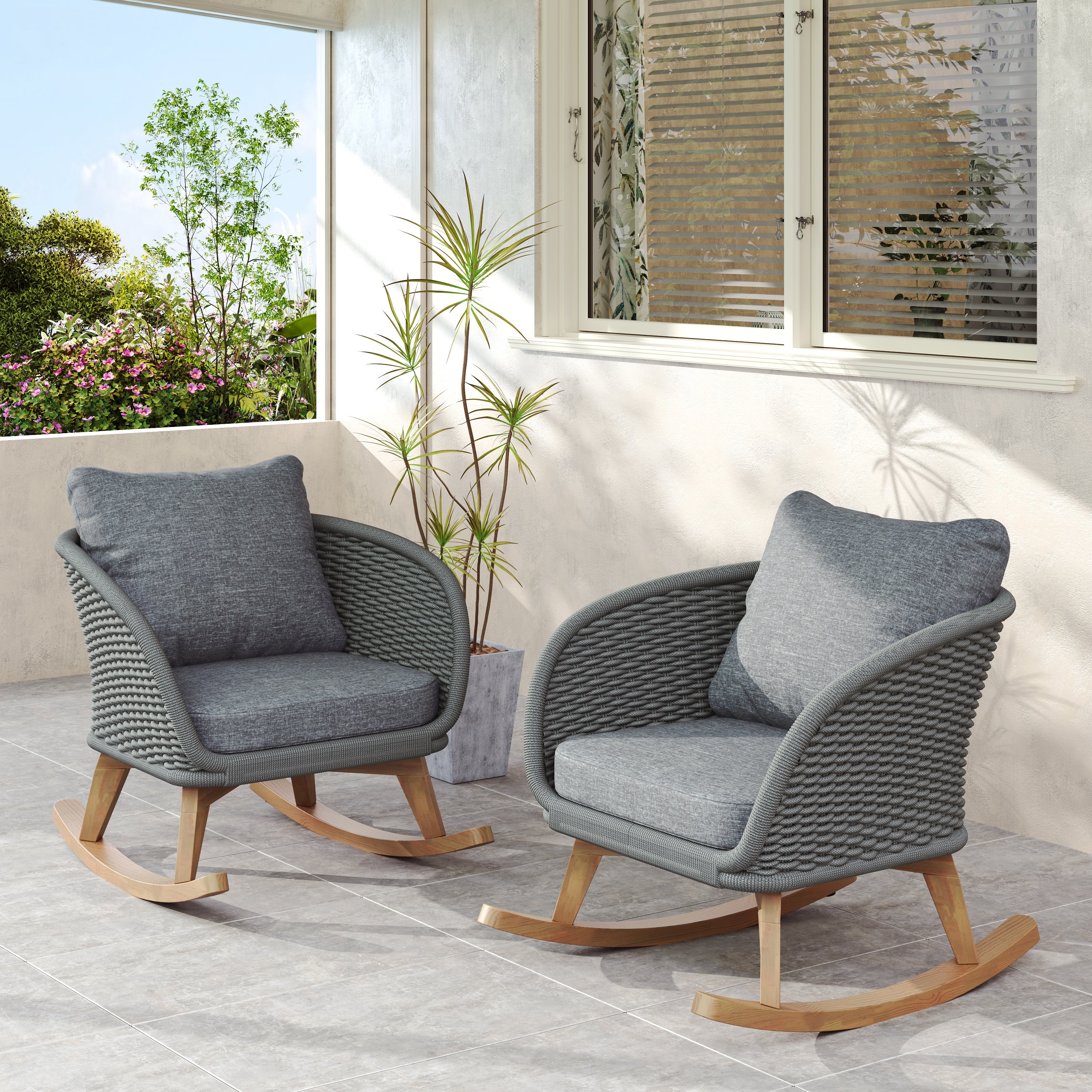 [Set of 2] 29.5' Contemporary Minimalist Gray Wicker Rocking Chair with Soft Polyester Cushions and Durable Wooden Frame, Perfect for Indoor and Outdoor Spaces like Patio, Balcony, or Living Room