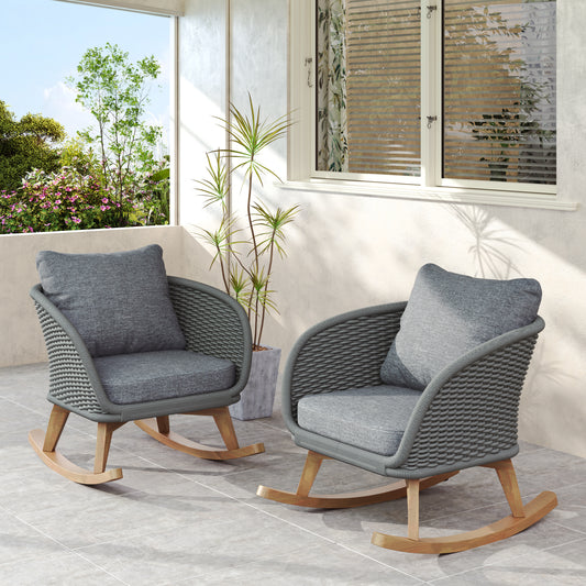 [Set of 2] 29.5' Contemporary Minimalist Gray Wicker Rocking Chair with Soft Polyester Cushions and Durable Wooden Frame, Perfect for Indoor and Outdoor Spaces like Patio, Balcony, or Living Room