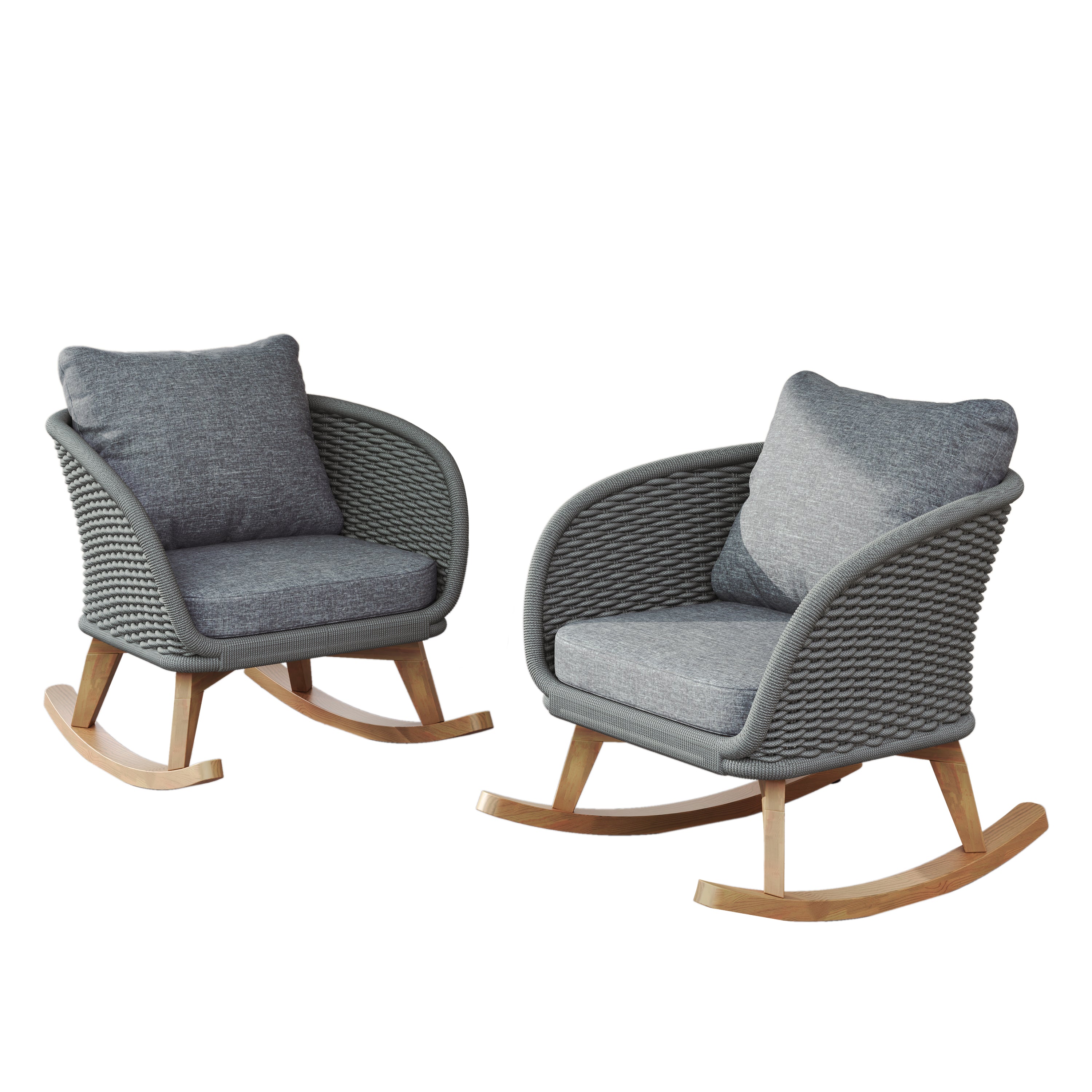 [Set of 2] 29.5' Contemporary Minimalist Gray Wicker Rocking Chair with Soft Polyester Cushions and Durable Wooden Frame, Perfect for Indoor and Outdoor Spaces like Patio, Balcony, or Living Room