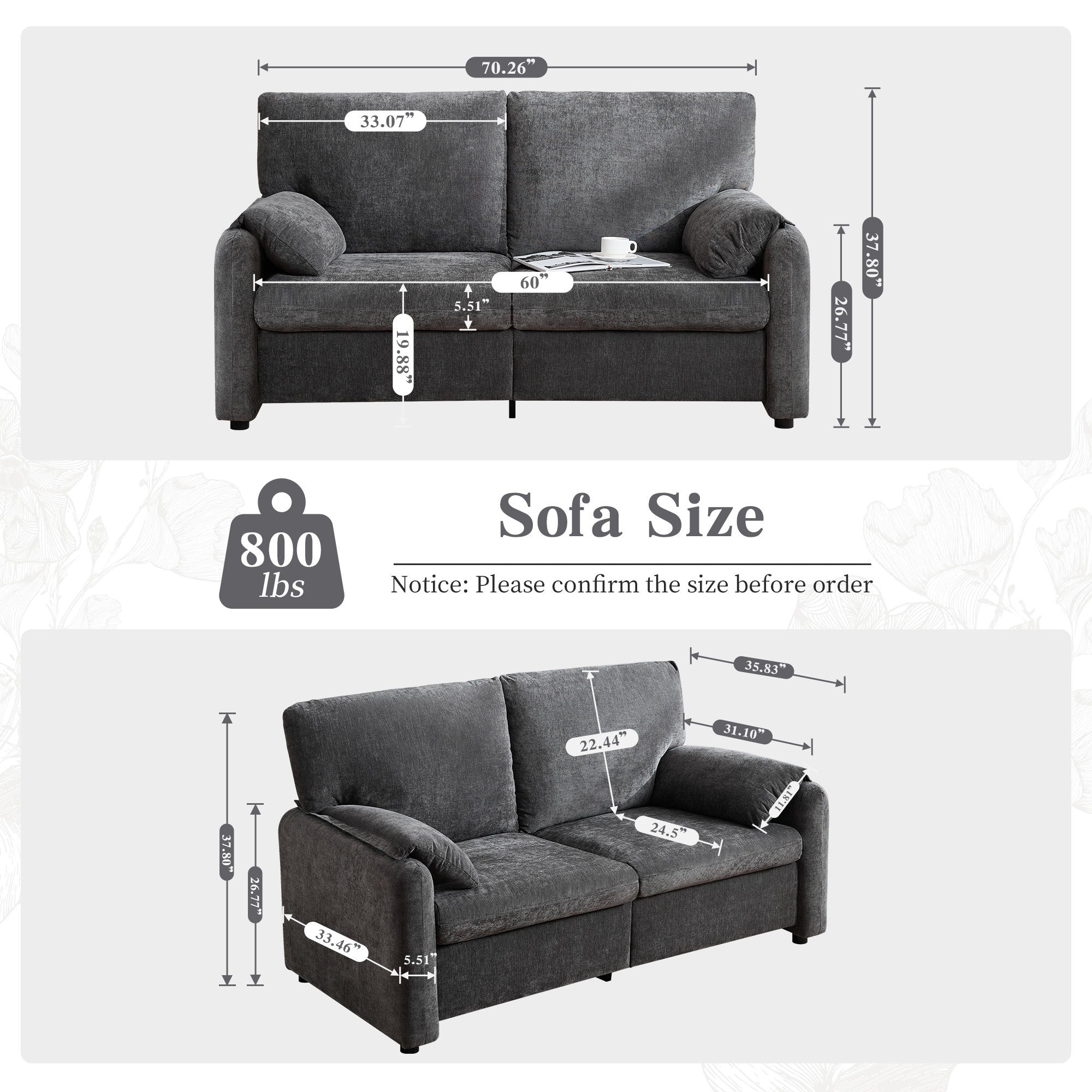 Minimalist 800LBS Down-Filled Sofa, Multiple Colors, Chenille, 60-Inch, Grey