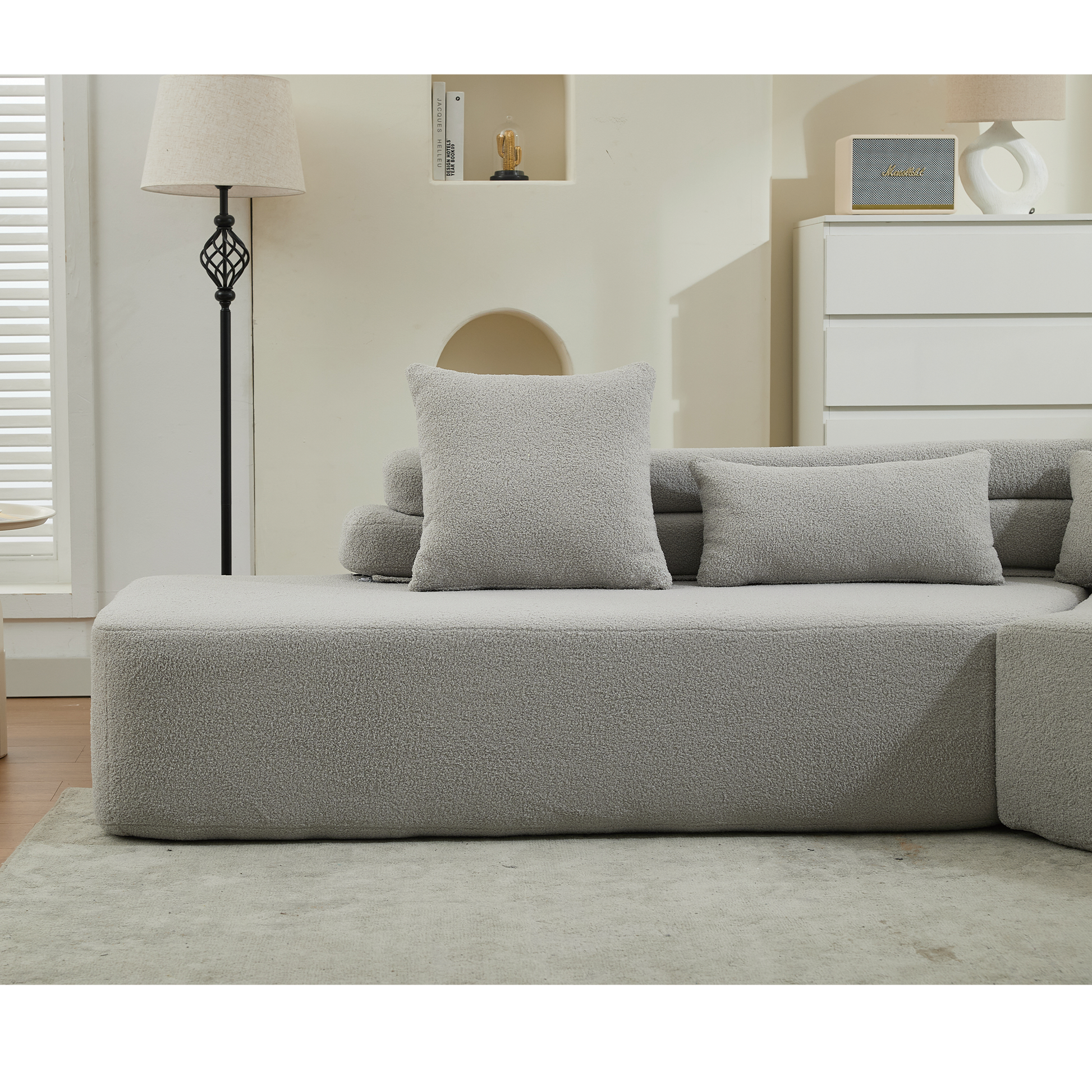 [NEW ARRIVED] [VIDEO PROVIDED] 128Minimalist Cloud Sectional Couch ,Modern Couches ,4-Seater ,No Assembly,Two modular sofa,Boucle Teddy Fabric, upholstered , anti-wrinkle fabric,Light Gray