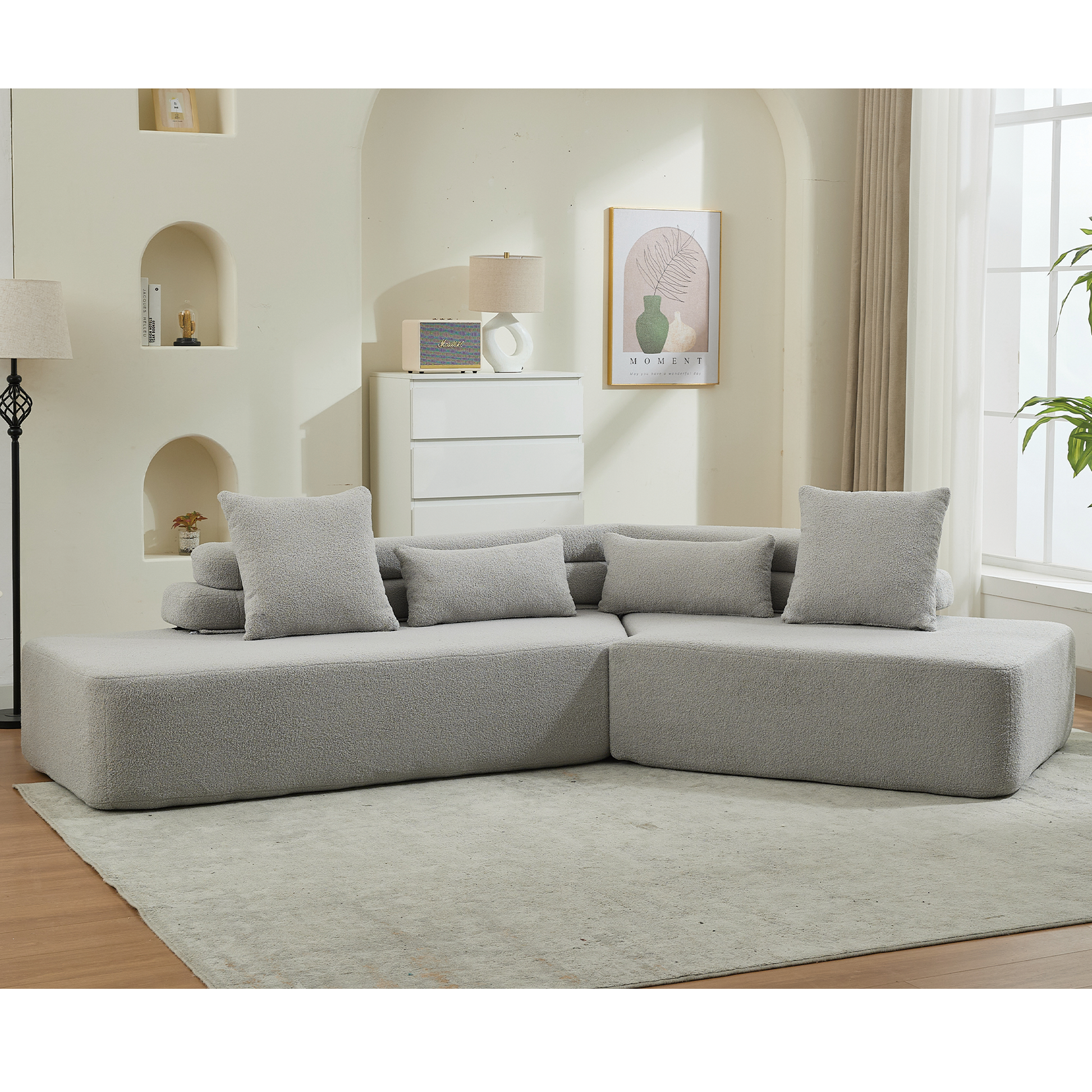 [NEW ARRIVED] [VIDEO PROVIDED] 128Minimalist Cloud Sectional Couch ,Modern Couches ,4-Seater ,No Assembly,Two modular sofa,Boucle Teddy Fabric, upholstered , anti-wrinkle fabric,Light Gray