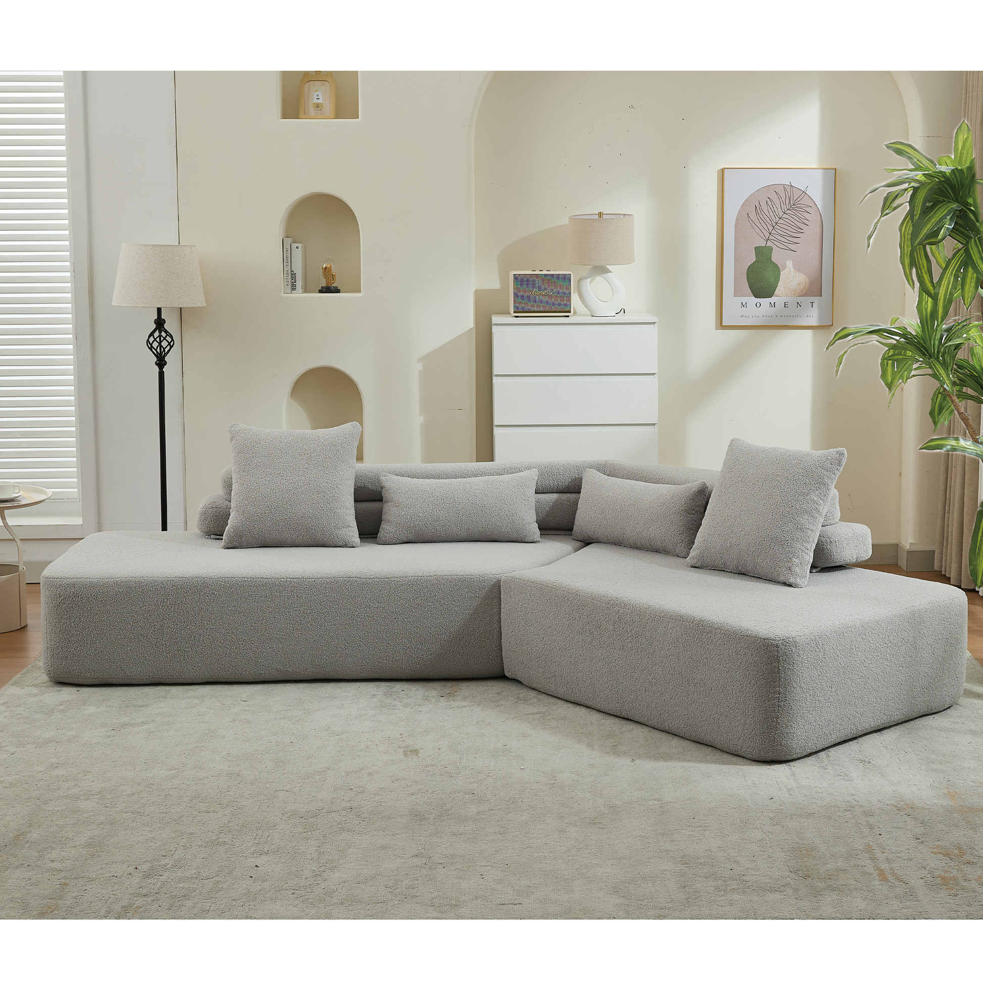 [NEW ARRIVED] [VIDEO PROVIDED] 128Minimalist Cloud Sectional Couch ,Modern Couches ,4-Seater ,No Assembly,Two modular sofa,Boucle Teddy Fabric, upholstered , anti-wrinkle fabric,Light Gray