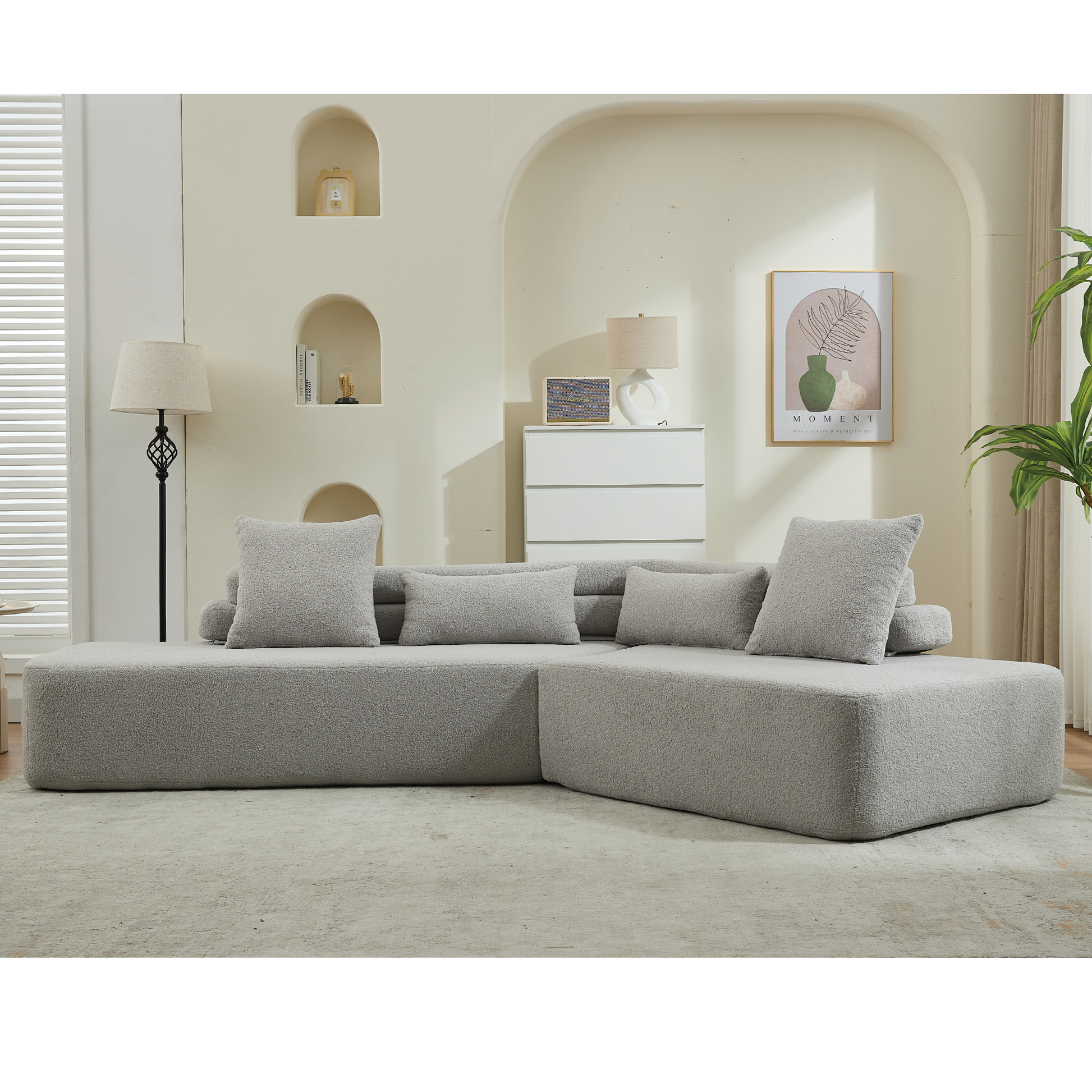 [NEW ARRIVED] [VIDEO PROVIDED] 128Minimalist Cloud Sectional Couch ,Modern Couches ,4-Seater ,No Assembly,Two modular sofa,Boucle Teddy Fabric, upholstered , anti-wrinkle fabric,Light Gray