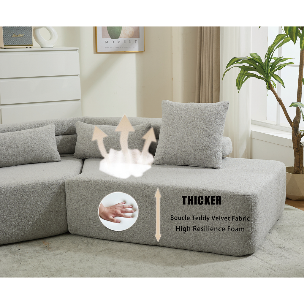 [NEW ARRIVED] [VIDEO PROVIDED] 128Minimalist Cloud Sectional Couch ,Modern Couches ,4-Seater ,No Assembly,Two modular sofa,Boucle Teddy Fabric, upholstered , anti-wrinkle fabric,Light Gray