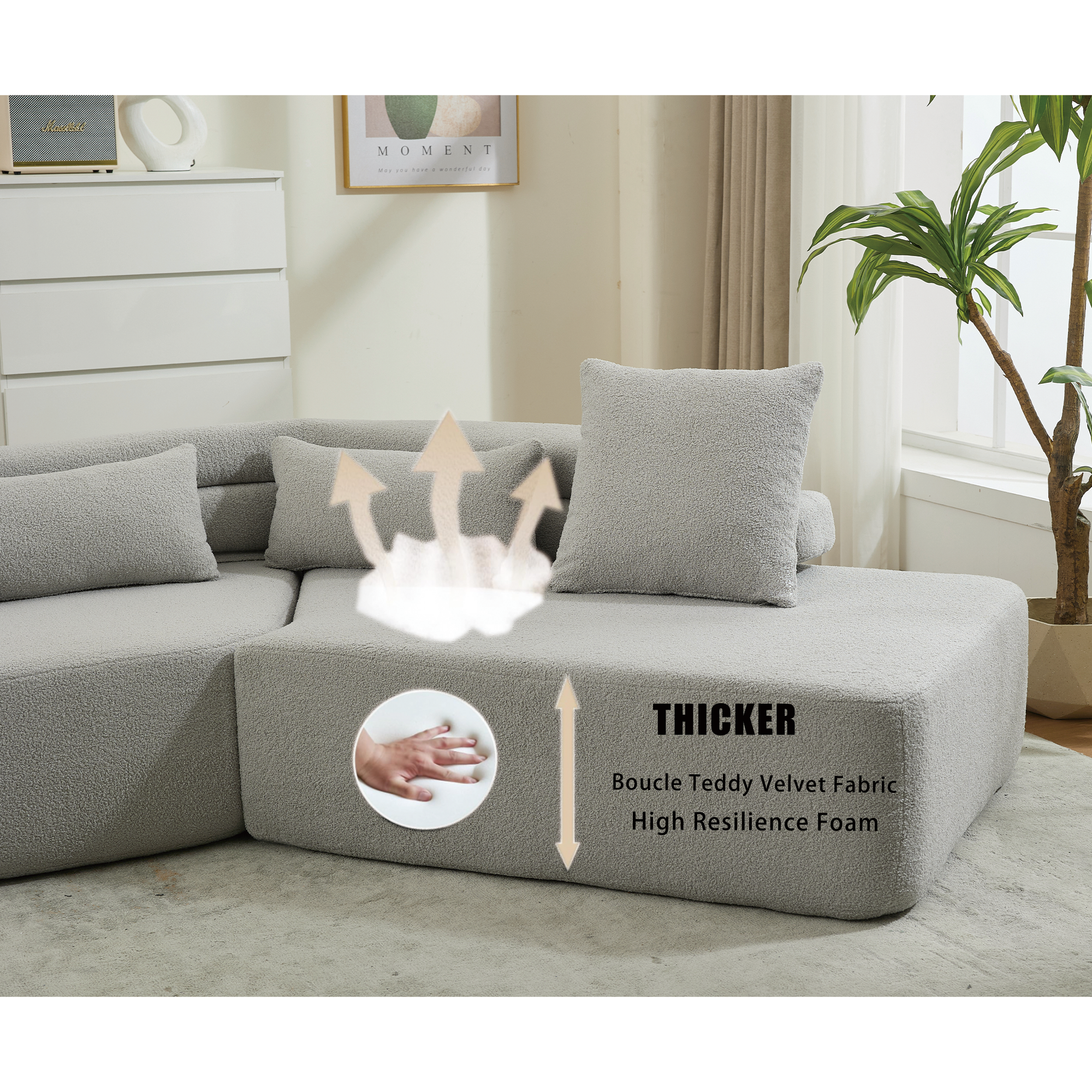 [NEW ARRIVED] [VIDEO PROVIDED] 128Minimalist Cloud Sectional Couch ,Modern Couches ,4-Seater ,No Assembly,Two modular sofa,Boucle Teddy Fabric, upholstered , anti-wrinkle fabric,Light Gray