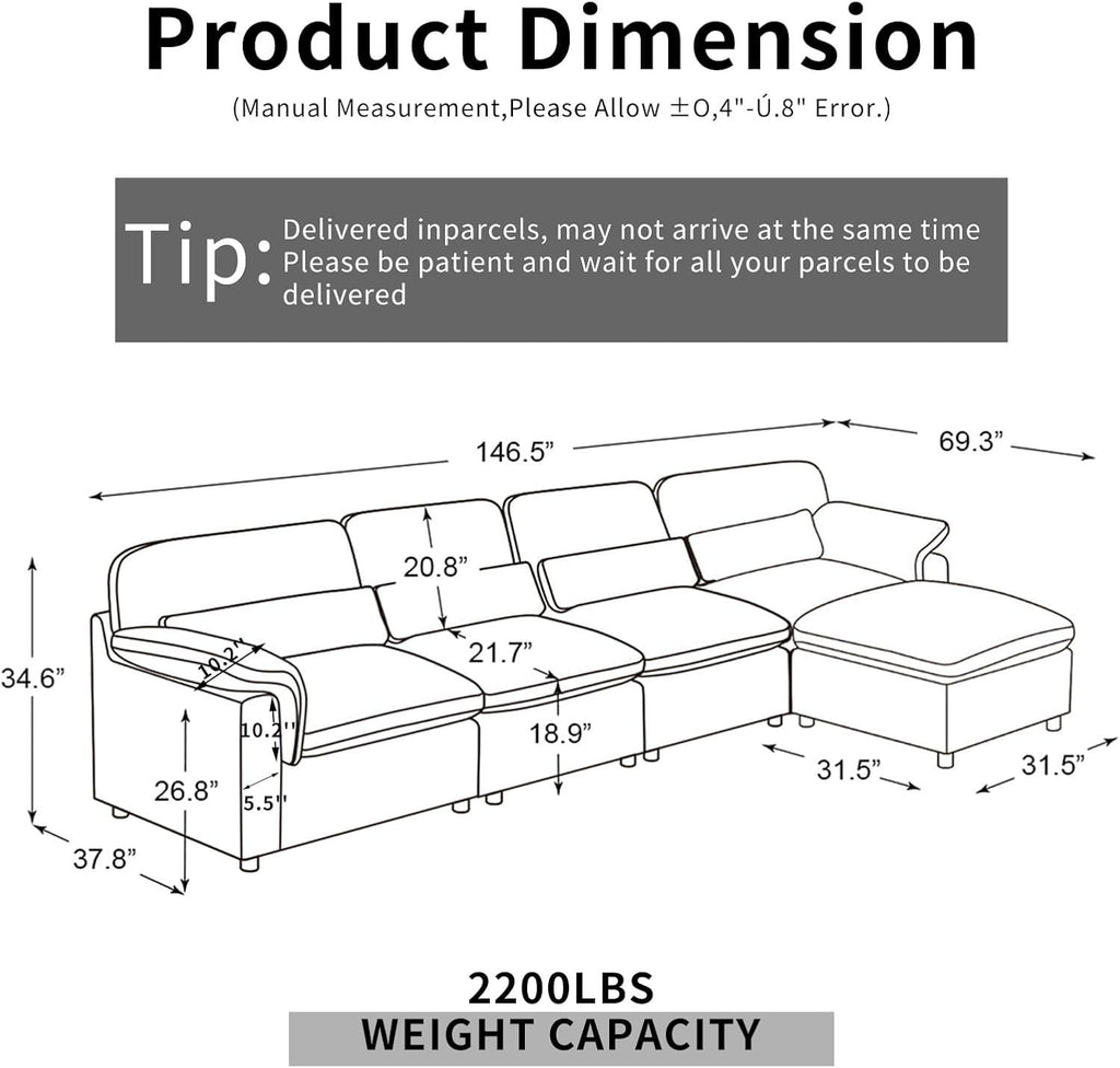 Cloud Sectional Sofa, Down-Filled Sofa, Living Room Modular Sofa, Minimalist Modern Style, Removable & Washable Sofa Cover, Chenille Fabric, Storage Function