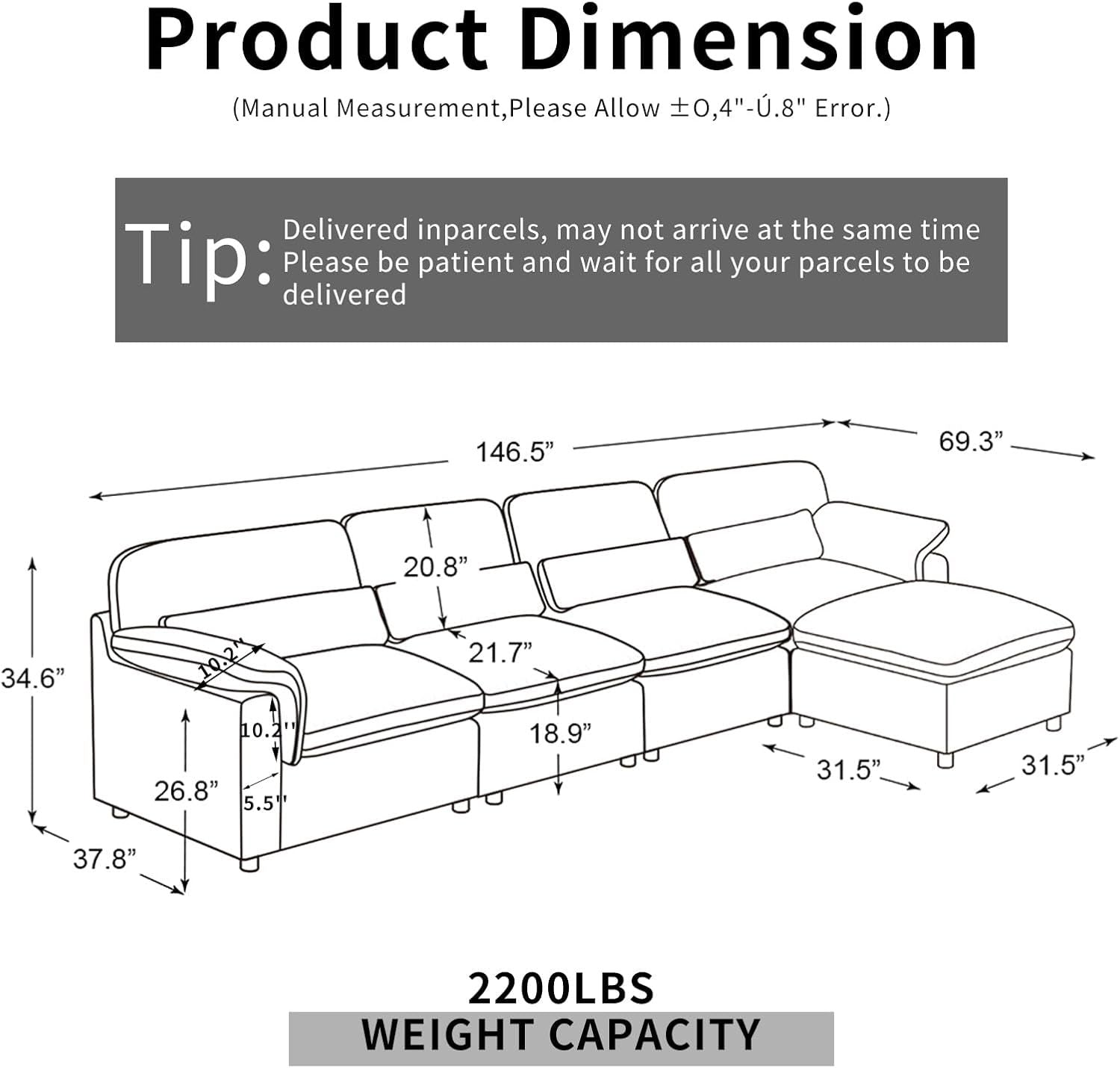 Cloud Sectional Sofa, Down-Filled Sofa, Living Room Modular Sofa, Minimalist Modern Style, Removable & Washable Sofa Cover, Chenille Fabric, Storage Function