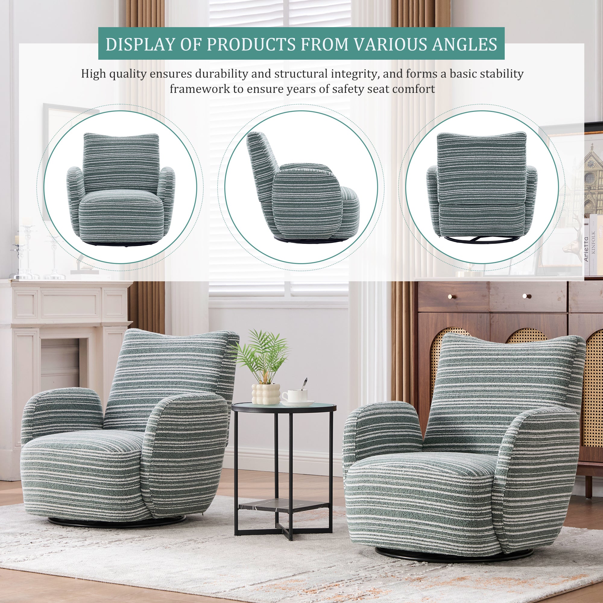 Modern Style 360° Swivel Leisure Chair Fabric Striped Armrest Swivel Chair with sand-rimmed fabric and metal bracket, suitable for living room, balcony and bedroom Accent Chair