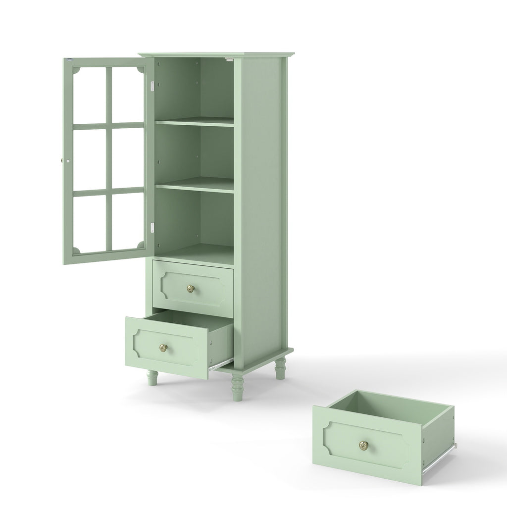 Minimalism Buffet Cabinet with Glass Doors and Double Drawer, Modern Wooden Storage Sideboard Cupboard for Living room, Dining Room Hallway Entryway (Mint Green) Buffets