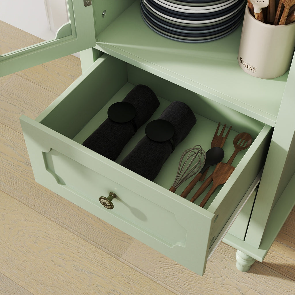 Minimalism Buffet Cabinet with Glass Doors and Double Drawer, Modern Wooden Storage Sideboard Cupboard for Living room, Dining Room Hallway Entryway (Mint Green) Buffets