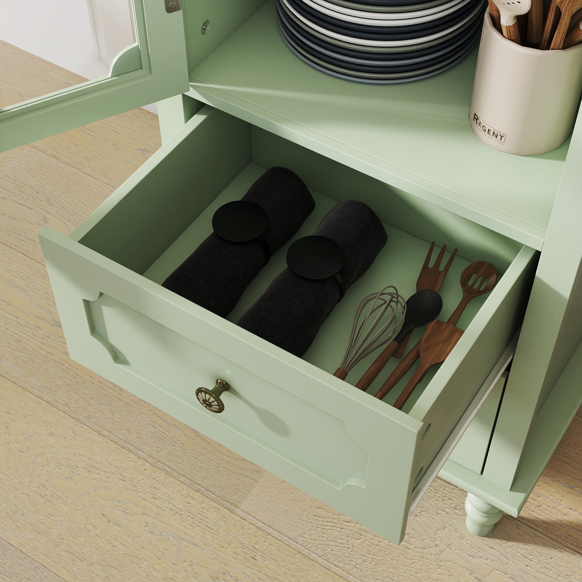 Minimalism Buffet Cabinet with Glass Doors and Double Drawer, Modern Wooden Storage Sideboard Cupboard for Living room, Dining Room Hallway Entryway (Mint Green) Buffets