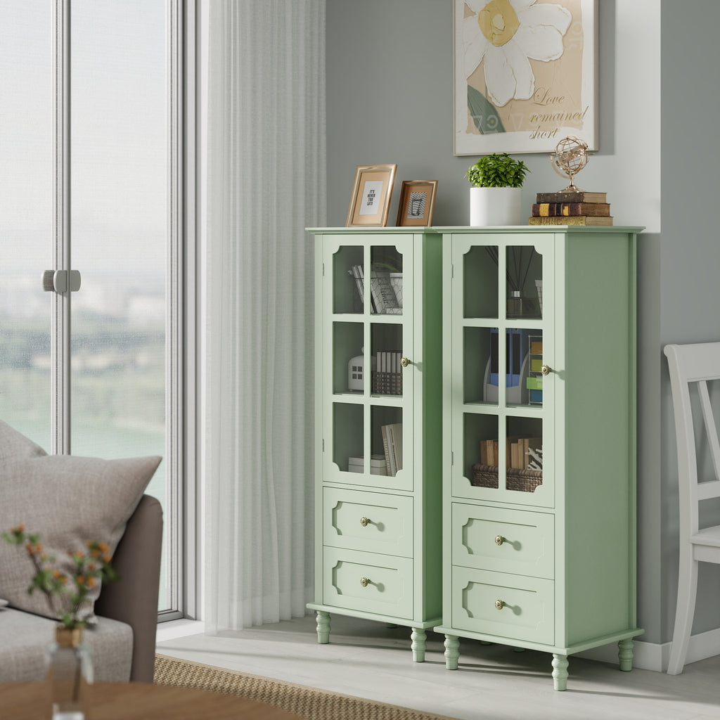 Minimalism Buffet Cabinet with Glass Doors and Double Drawer, Modern Wooden Storage Sideboard Cupboard for Living room, Dining Room Hallway Entryway (Mint Green) Buffets