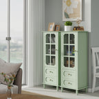 Minimalism Buffet Cabinet with Glass Doors and Double Drawer, Modern Wooden Storage Sideboard Cupboard for Living room, Dining Room Hallway Entryway (Mint Green) Buffets