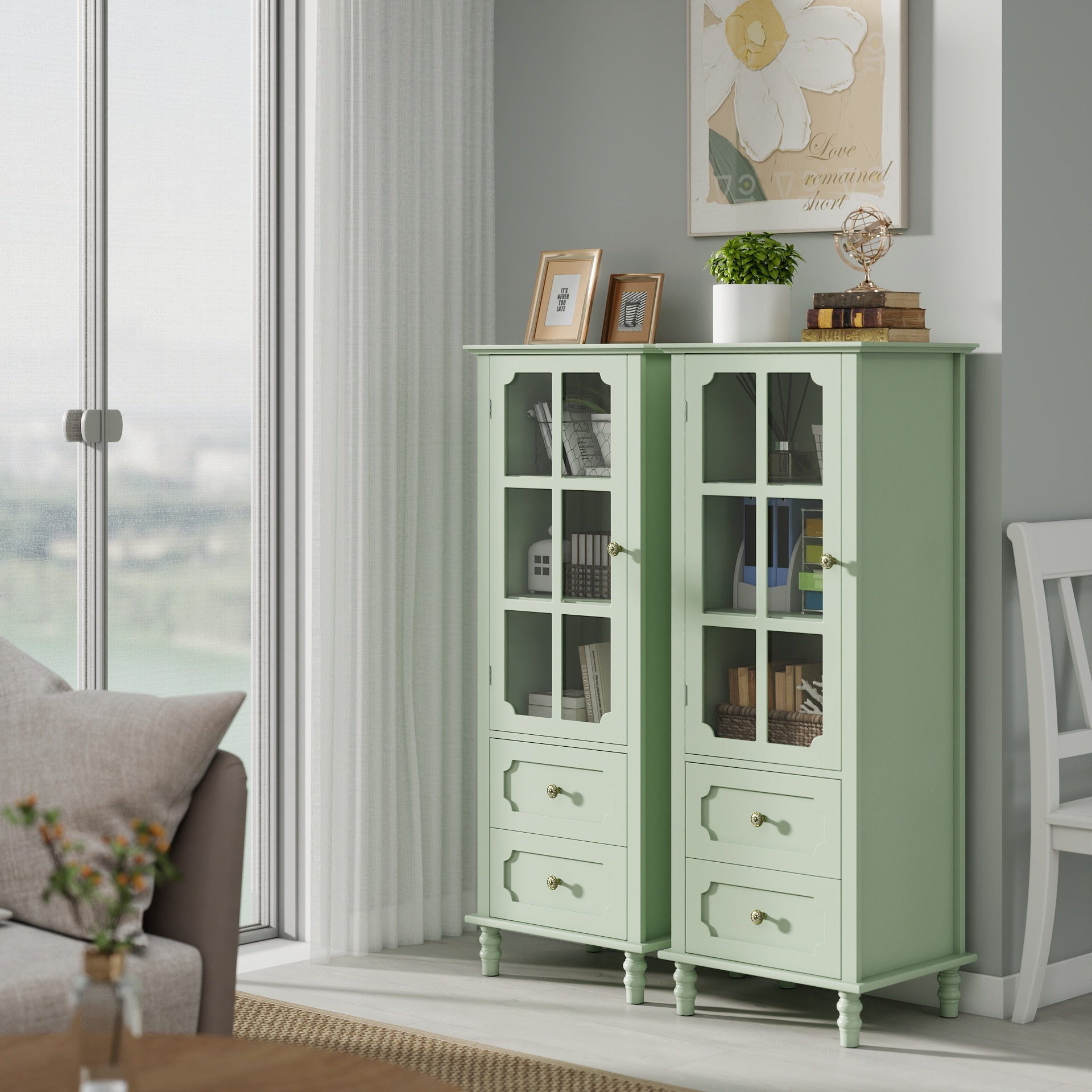 Minimalism Buffet Cabinet with Glass Doors and Double Drawer, Modern Wooden Storage Sideboard Cupboard for Living room, Dining Room Hallway Entryway (Mint Green) Buffets
