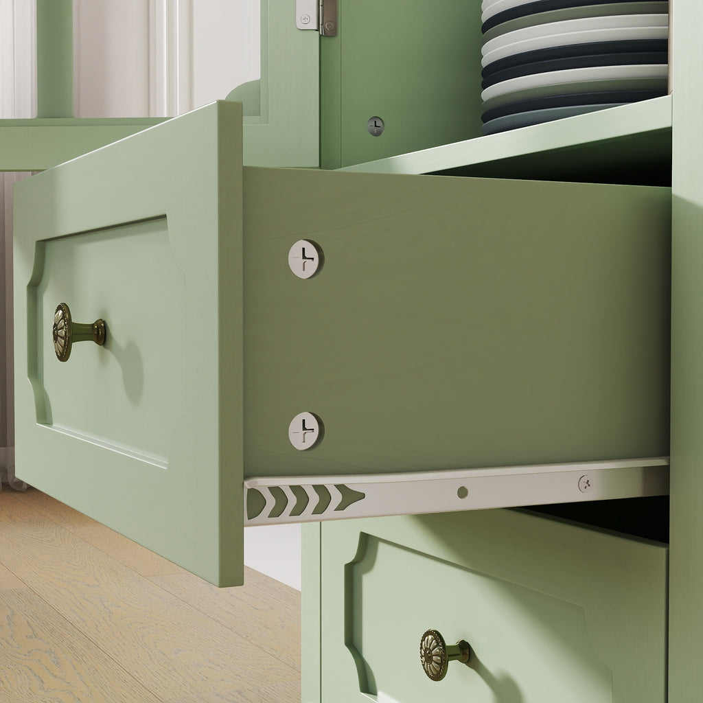 Minimalism Buffet Cabinet with Glass Doors and Double Drawer, Modern Wooden Storage Sideboard Cupboard for Living room, Dining Room Hallway Entryway (Mint Green) Buffets