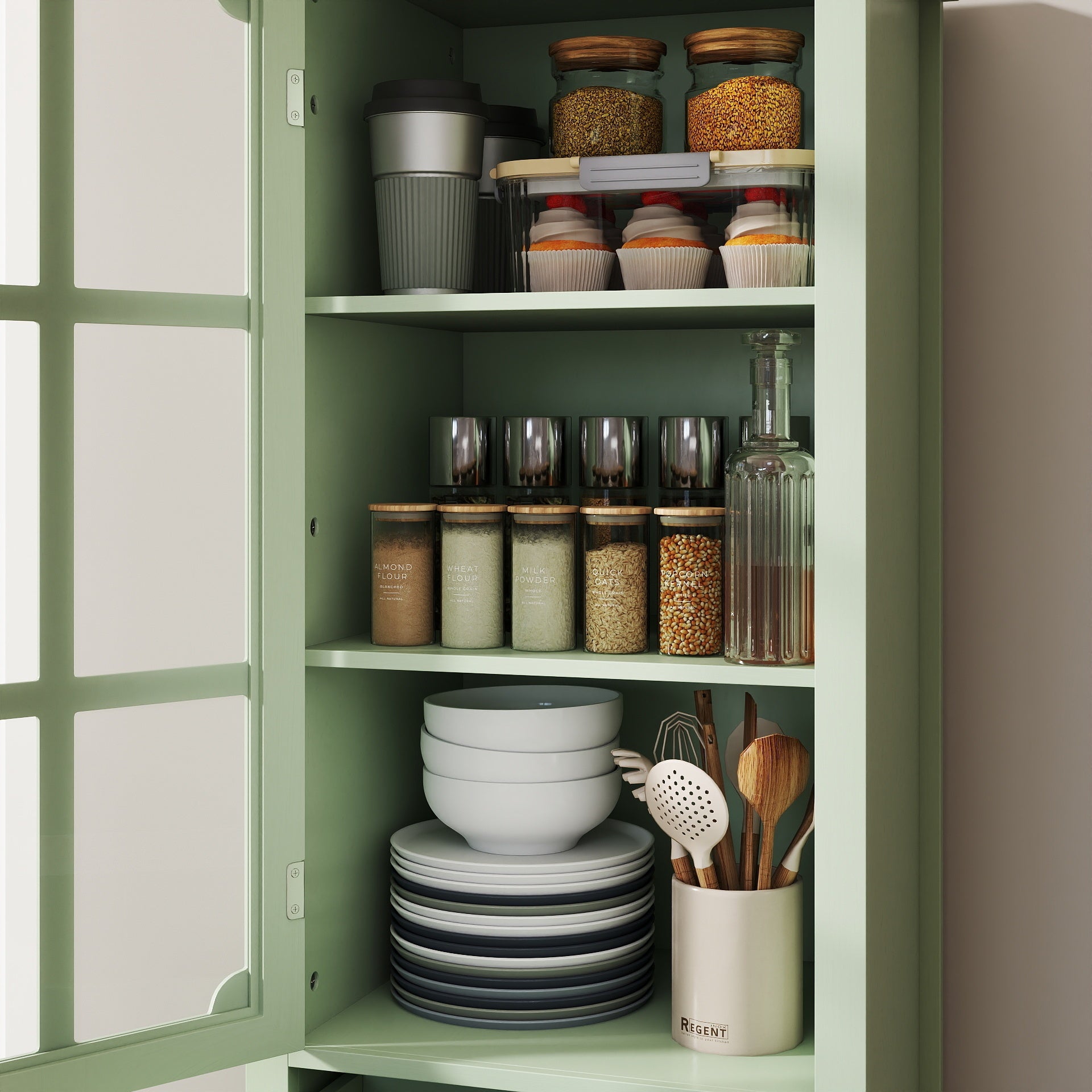 Minimalism Buffet Cabinet with Glass Doors and Double Drawer, Modern Wooden Storage Sideboard Cupboard for Living room, Dining Room Hallway Entryway (Mint Green) Buffets