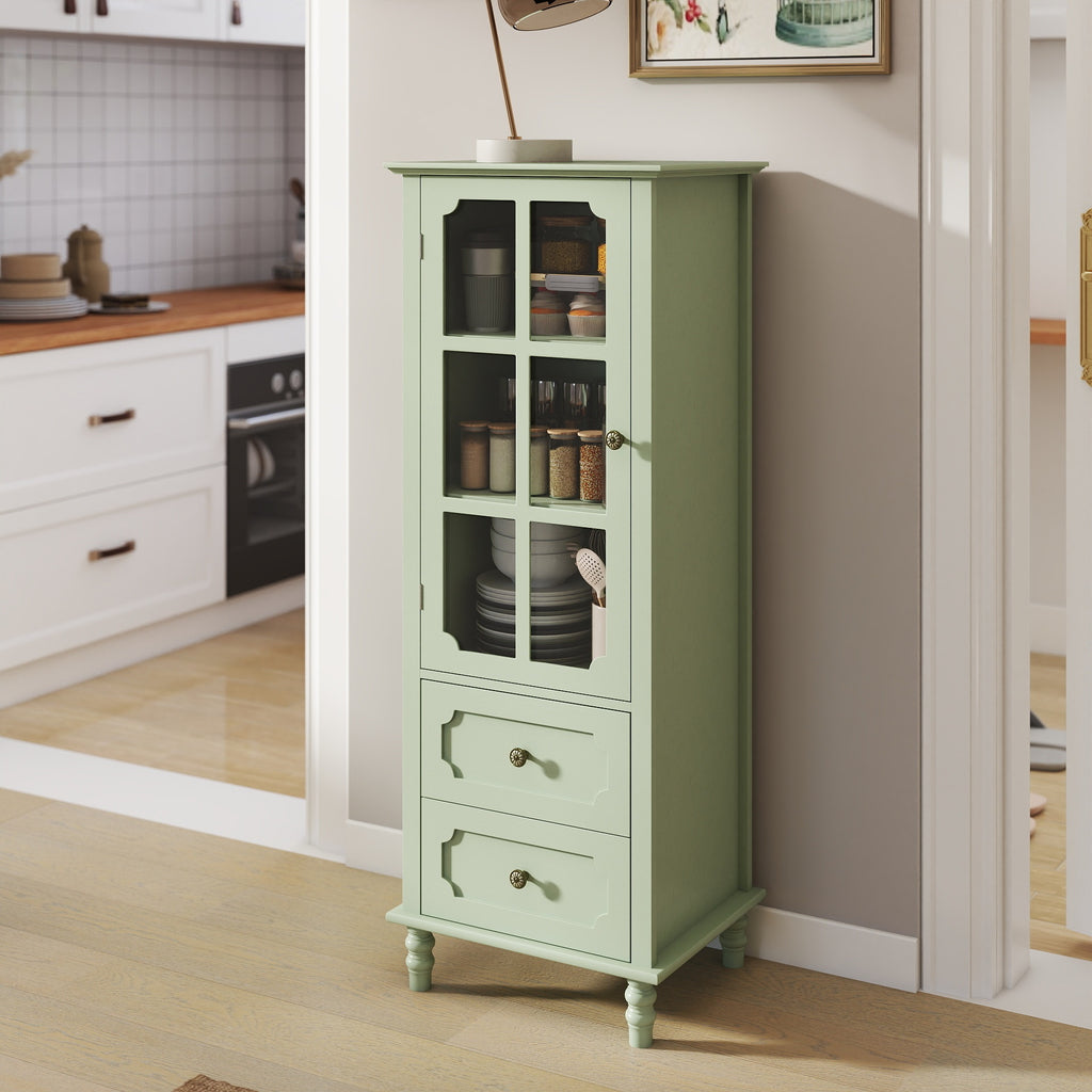 Minimalism Buffet Cabinet with Glass Doors and Double Drawer, Modern Wooden Storage Sideboard Cupboard for Living room, Dining Room Hallway Entryway (Mint Green) Buffets
