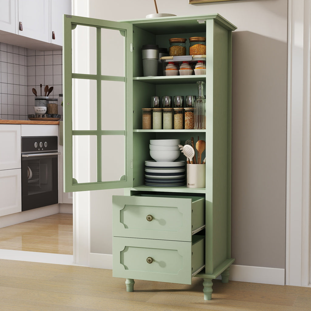 Minimalism Buffet Cabinet with Glass Doors and Double Drawer, Modern Wooden Storage Sideboard Cupboard for Living room, Dining Room Hallway Entryway (Mint Green) Buffets