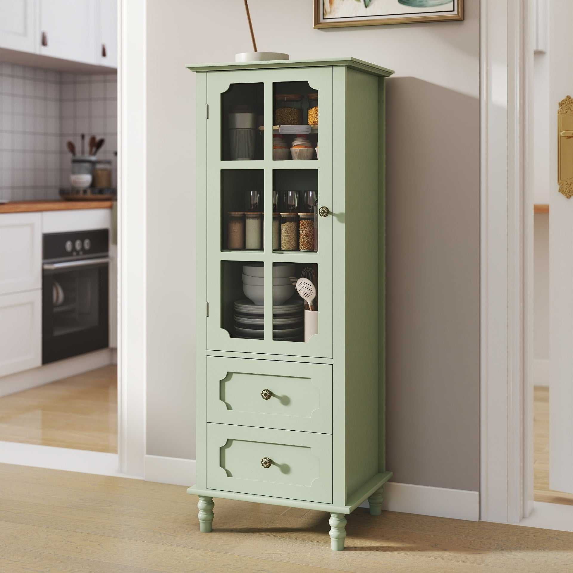 Minimalism Buffet Cabinet with Glass Doors and Double Drawer, Modern Wooden Storage Sideboard Cupboard for Living room, Dining Room Hallway Entryway (Mint Green) Buffets
