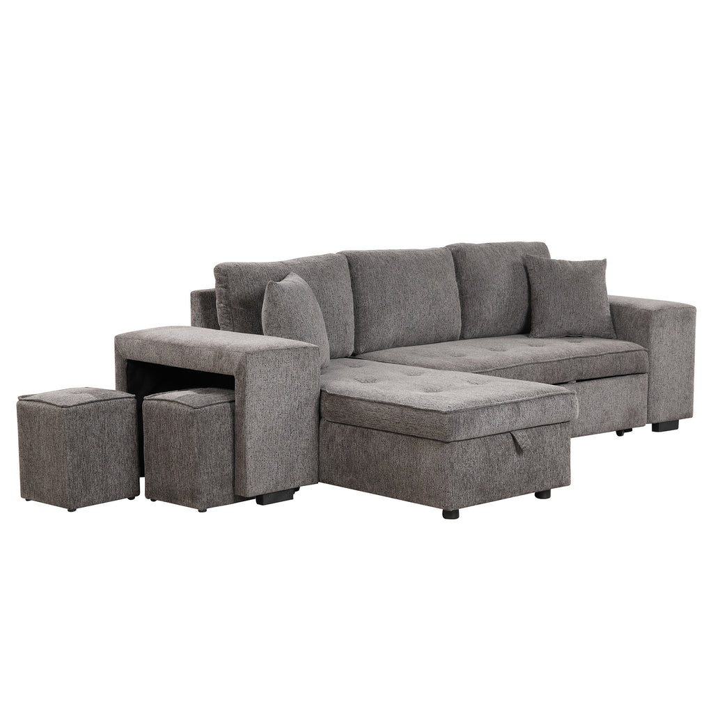 104.5 Modern L-Shape 3 Seat Reversible Sectional Couch, Pull Out Sleeper Sofa with Storage Chaise and 2 Stools for Living Room Furniture Set,Knox Charcoal (old sku:SG000431AAA)