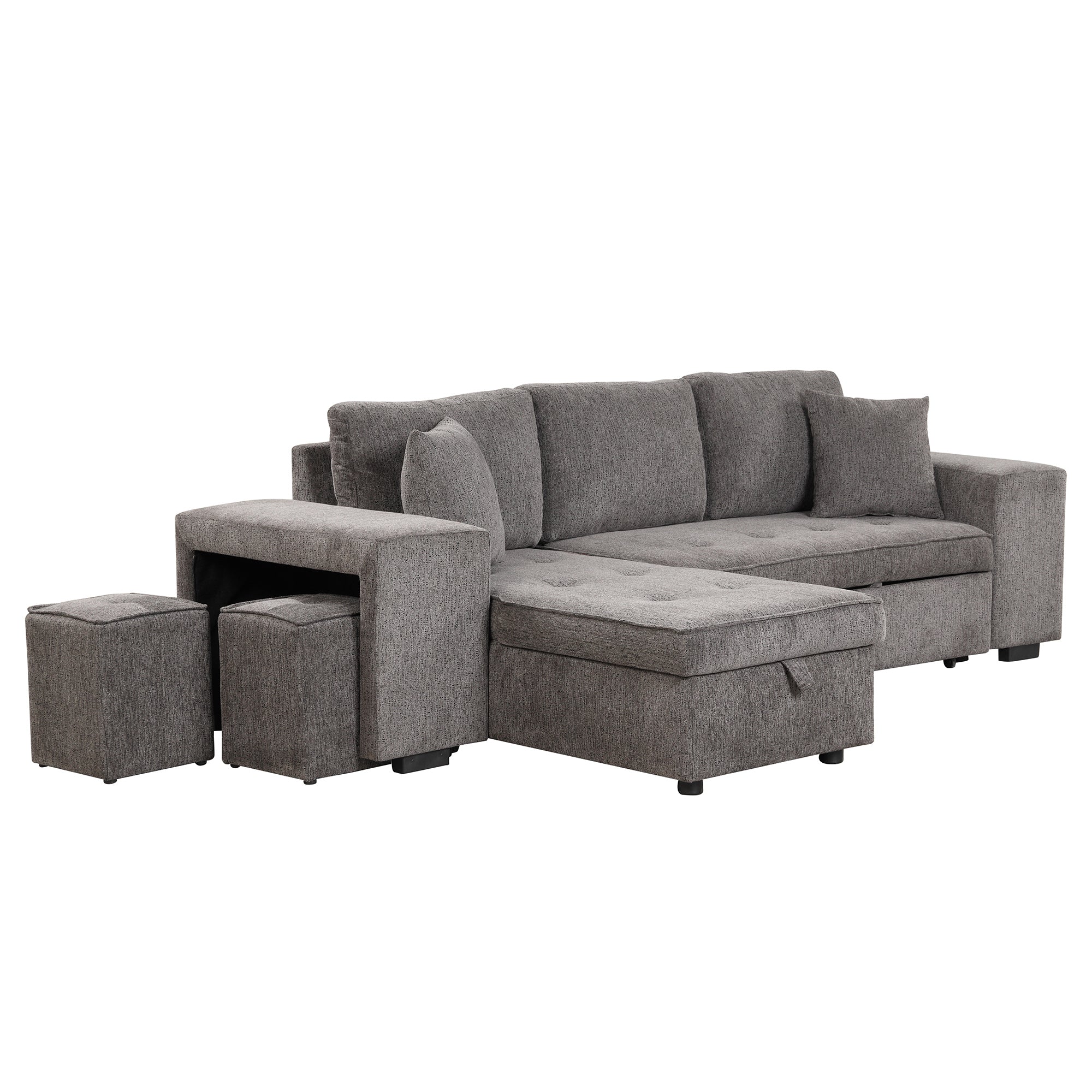 104.5 Modern L-Shape 3 Seat Reversible Sectional Couch, Pull Out Sleeper Sofa with Storage Chaise and 2 Stools for Living Room Furniture Set,Knox Charcoal (old sku:SG000431AAA)