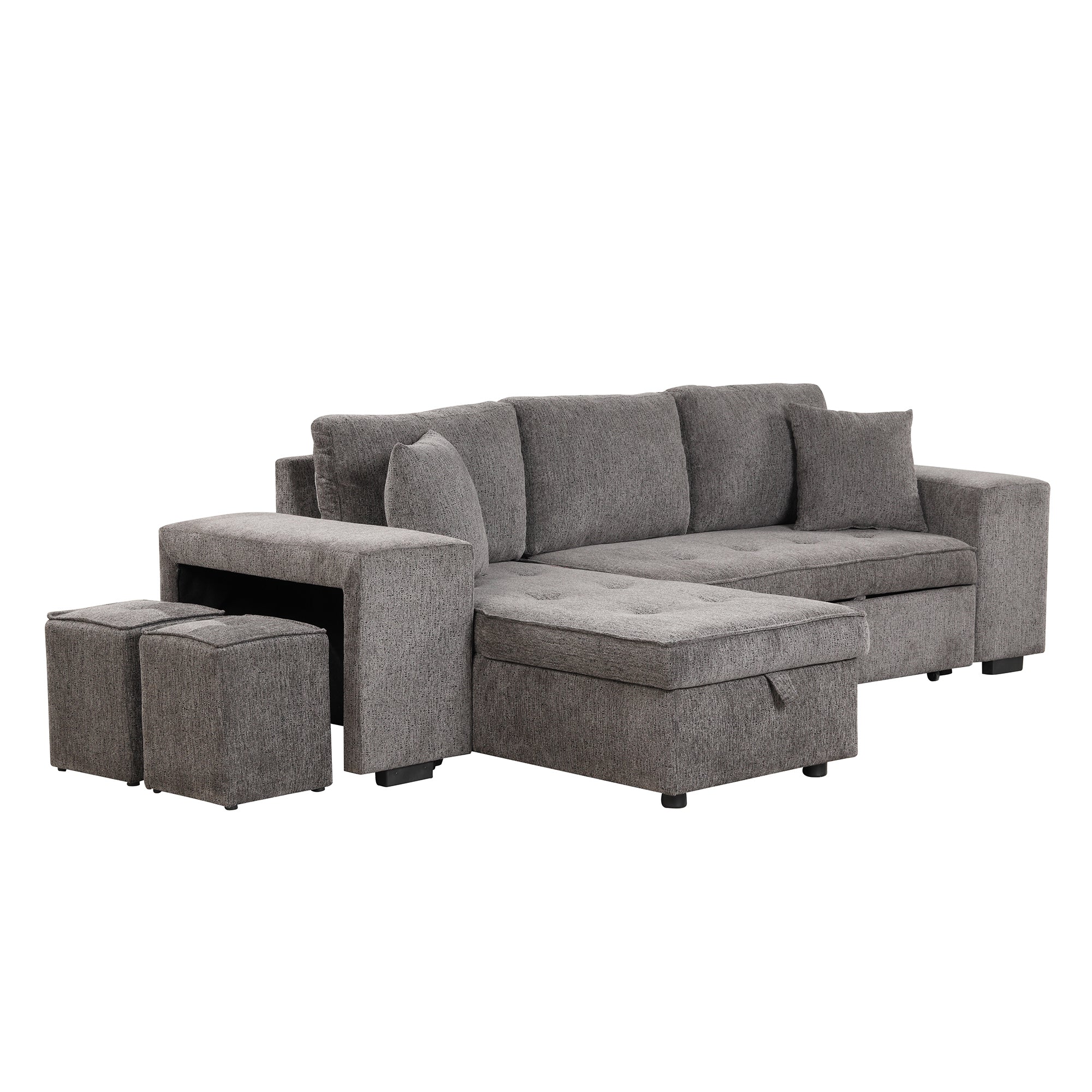 104.5 Modern L-Shape 3 Seat Reversible Sectional Couch, Pull Out Sleeper Sofa with Storage Chaise and 2 Stools for Living Room Furniture Set,Knox Charcoal (old sku:SG000431AAA)