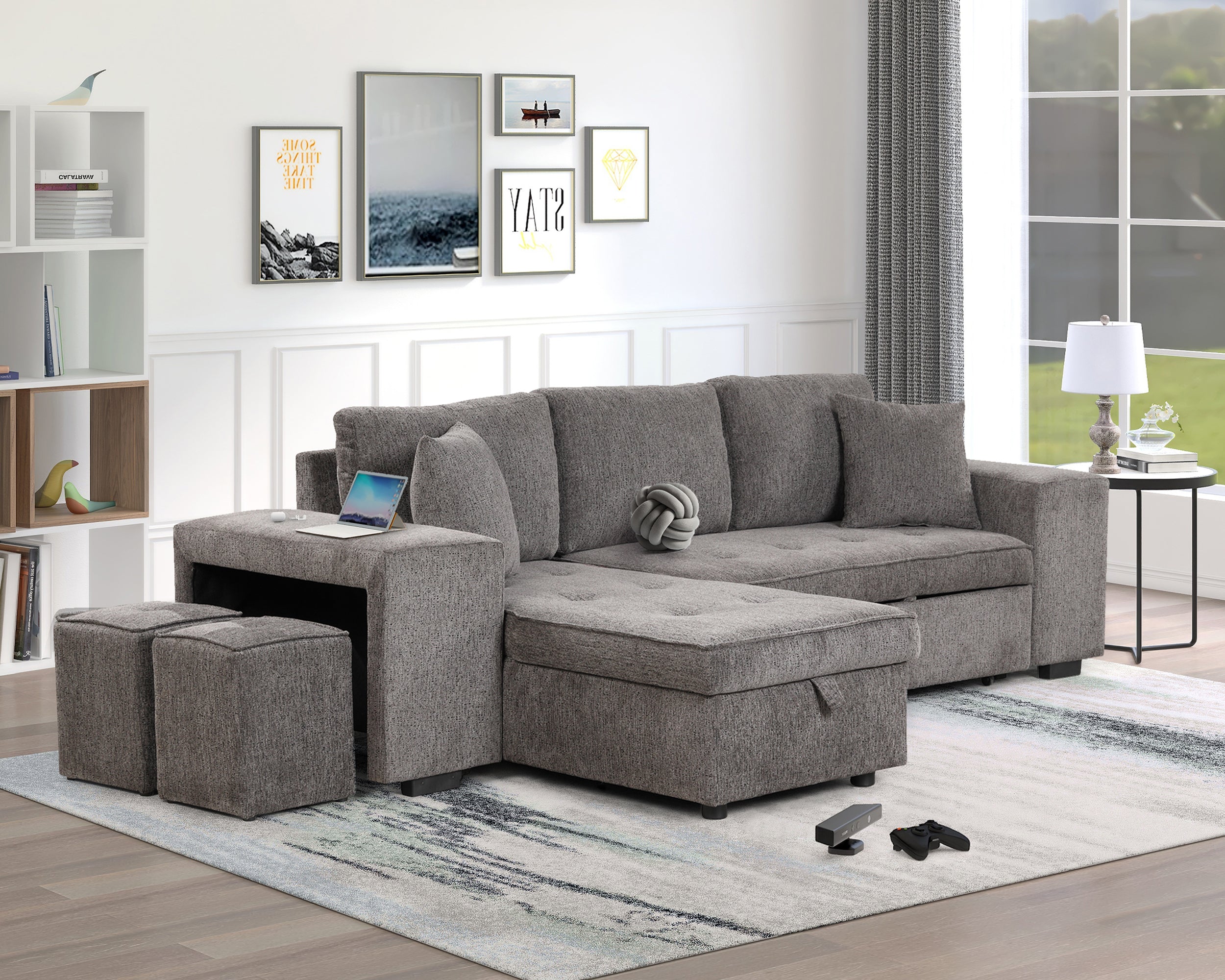 104.5 Modern L-Shape 3 Seat Reversible Sectional Couch, Pull Out Sleeper Sofa with Storage Chaise and 2 Stools for Living Room Furniture Set,Knox Charcoal (old sku:SG000431AAA)