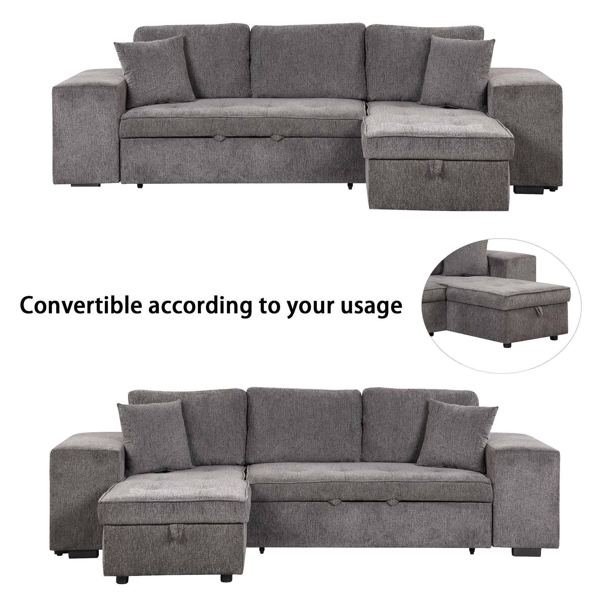 104.5 Modern L-Shape 3 Seat Reversible Sectional Couch, Pull Out Sleeper Sofa with Storage Chaise and 2 Stools for Living Room Furniture Set,Knox Charcoal (old sku:SG000431AAA)