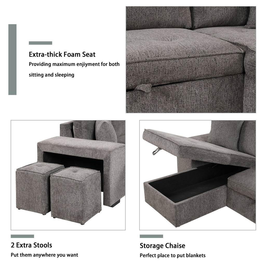 104.5 Modern L-Shape 3 Seat Reversible Sectional Couch, Pull Out Sleeper Sofa with Storage Chaise and 2 Stools for Living Room Furniture Set,Knox Charcoal (old sku:SG000431AAA)