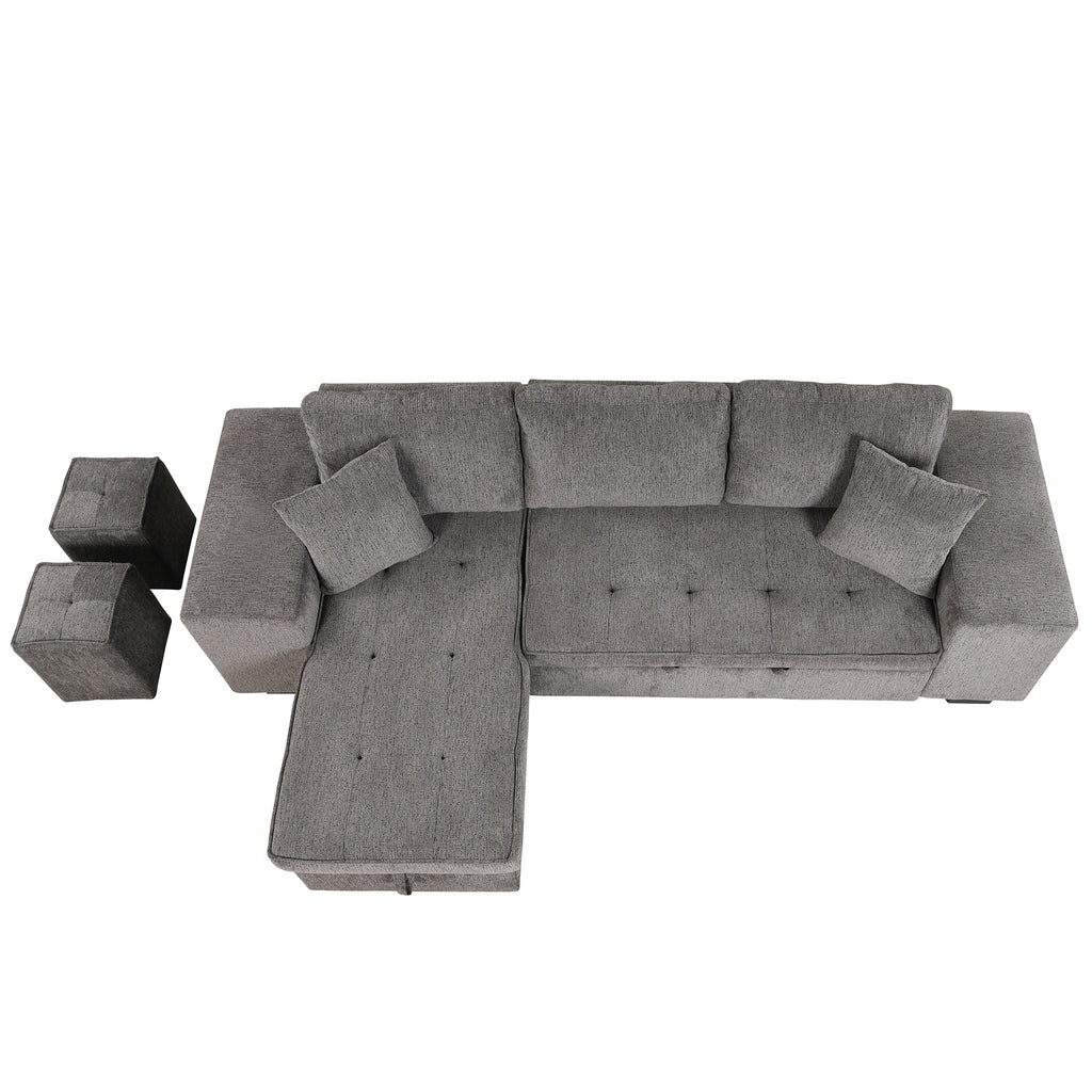 104.5 Modern L-Shape 3 Seat Reversible Sectional Couch, Pull Out Sleeper Sofa with Storage Chaise and 2 Stools for Living Room Furniture Set,Knox Charcoal (old sku:SG000431AAA)
