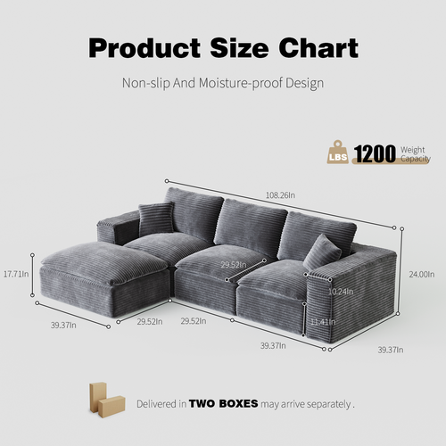 Modern 108-Inch L-Shaped Corduroy Sectional Sofa with Chaise.