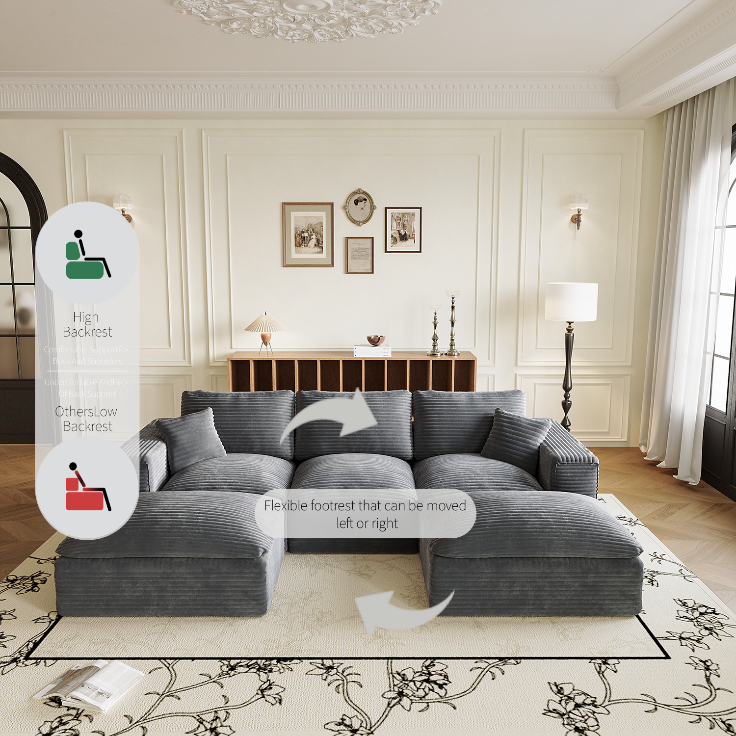 108' Cloud Sectional Couch with L-Shape Chaise, Left-right interchangeable,Modern Modular Sofa with Deep Seat, Upholstered Couches for Living Room Bedroom,No Assembly Required, Soft Plush Corduroy Fab