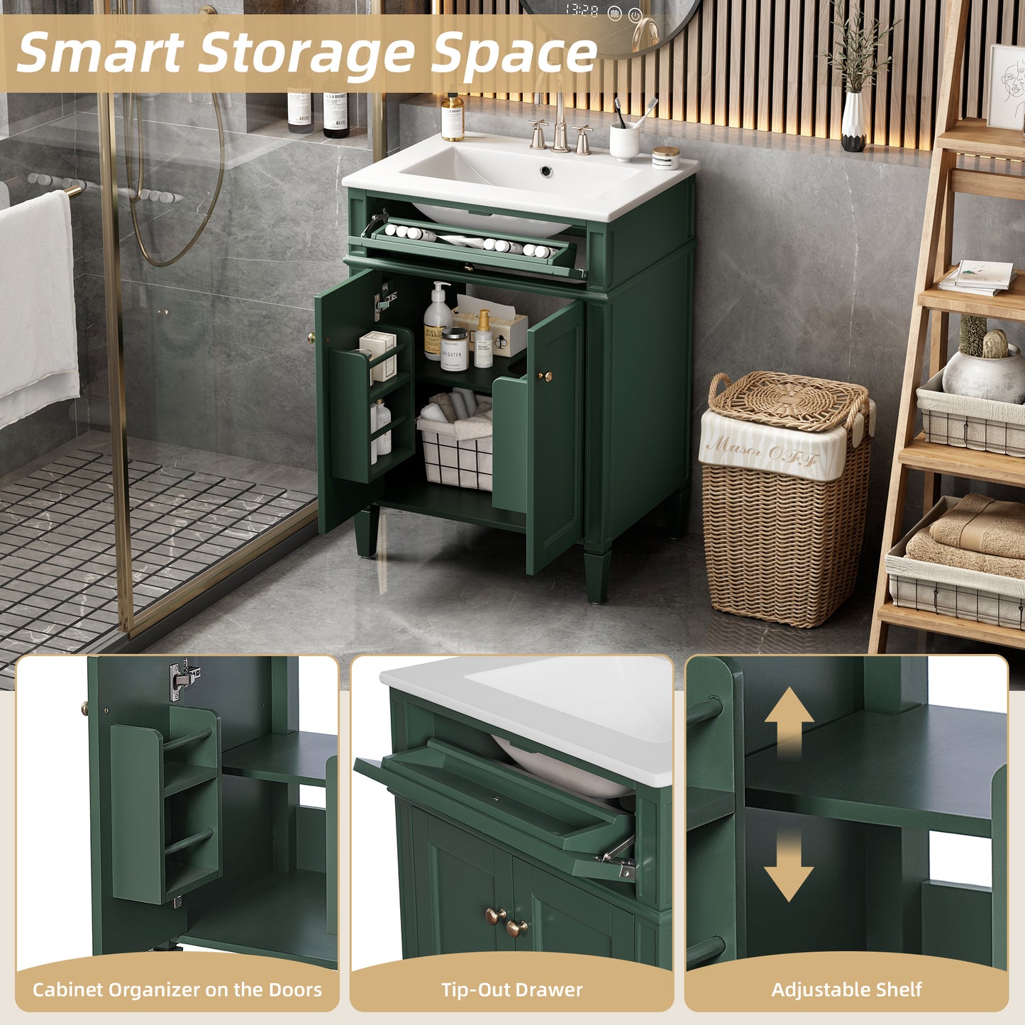 24' Bathroom Vanity with 2 Doors and Tip-Out Drawer, Bathroom Storage Cabinet with Sink, Soft-Closing Doors with Organizers