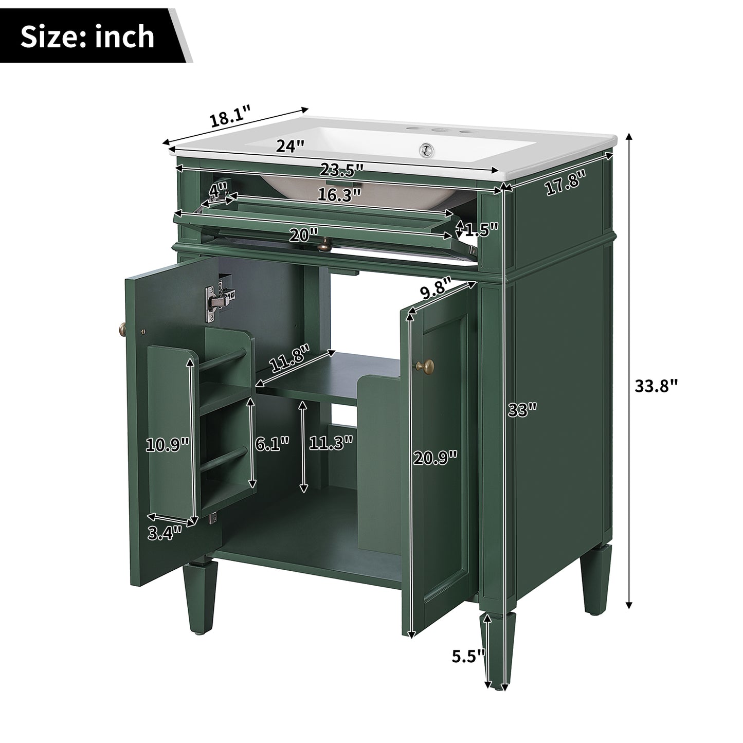 24' Bathroom Vanity with 2 Doors and Tip-Out Drawer, Bathroom Storage Cabinet with Sink, Soft-Closing Doors with Organizers