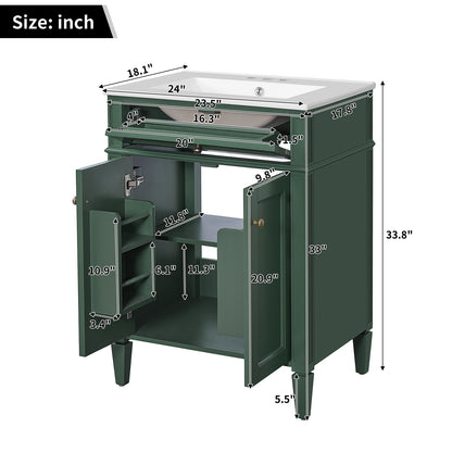 24' Bathroom Vanity with 2 Doors and Tip-Out Drawer, Bathroom Storage Cabinet with Sink, Soft-Closing Doors with Organizers