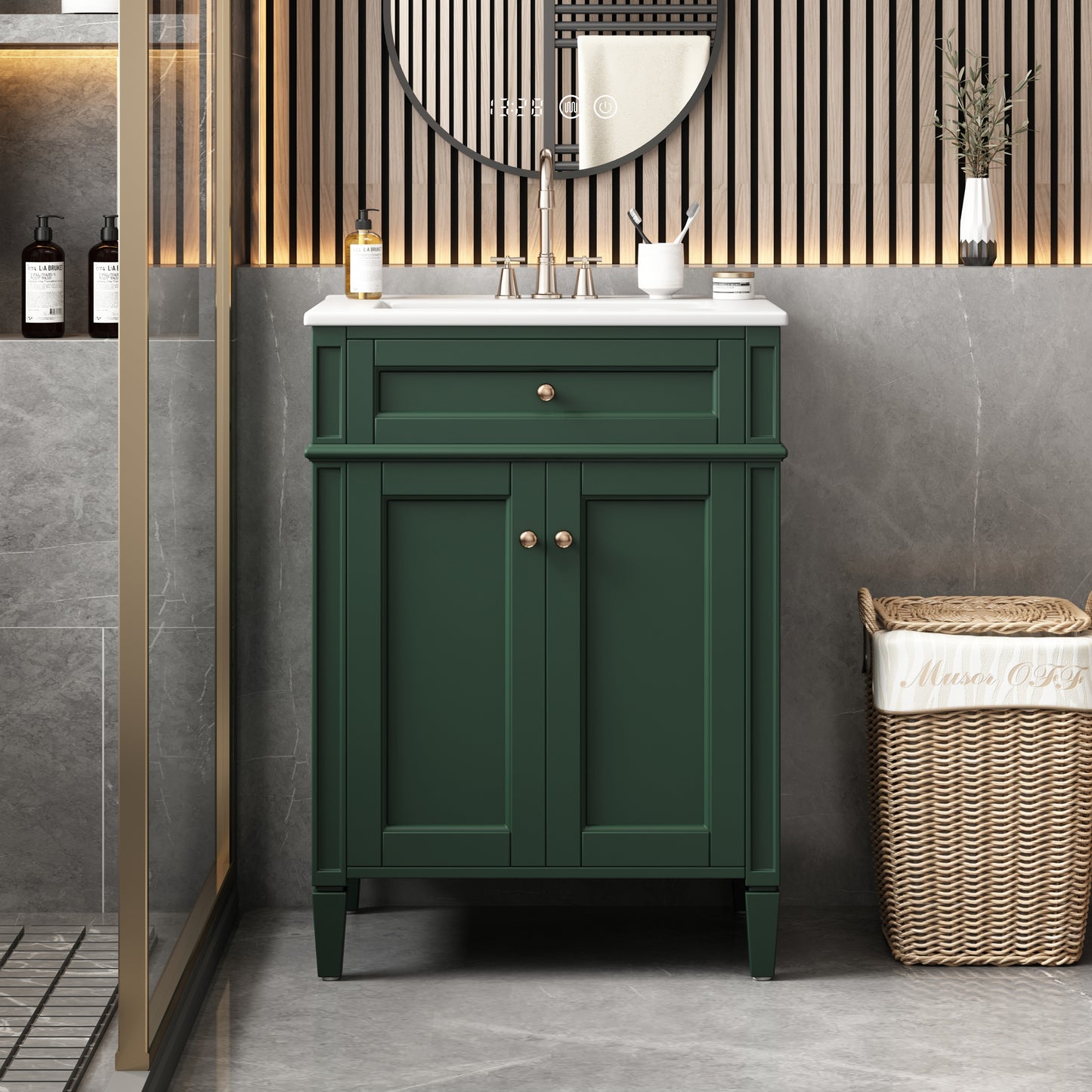 24' Bathroom Vanity with 2 Doors and Tip-Out Drawer, Bathroom Storage Cabinet with Sink, Soft-Closing Doors with Organizers