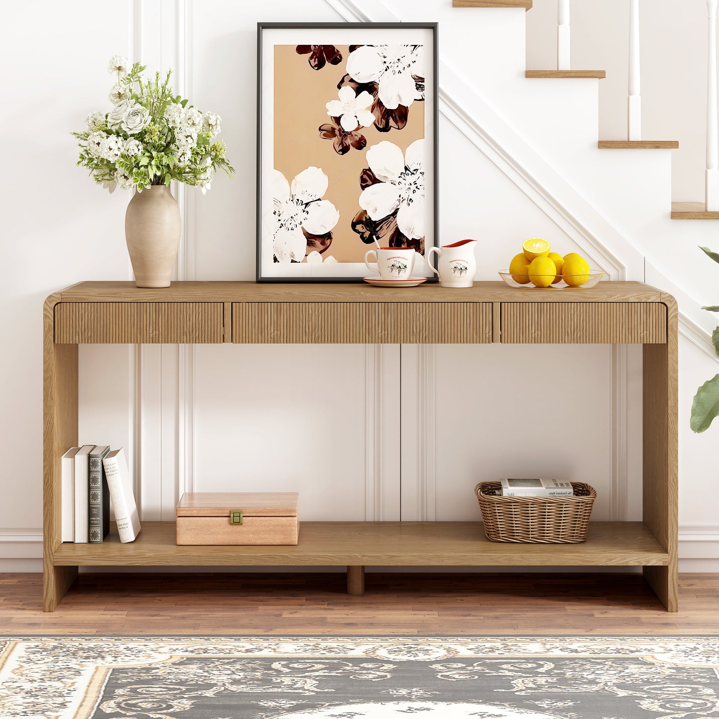 Modern 3-Drawer Console Table with Vertical Slats, Round Edge Design, Perfect for Entryway, Hallway or Behind Sofa