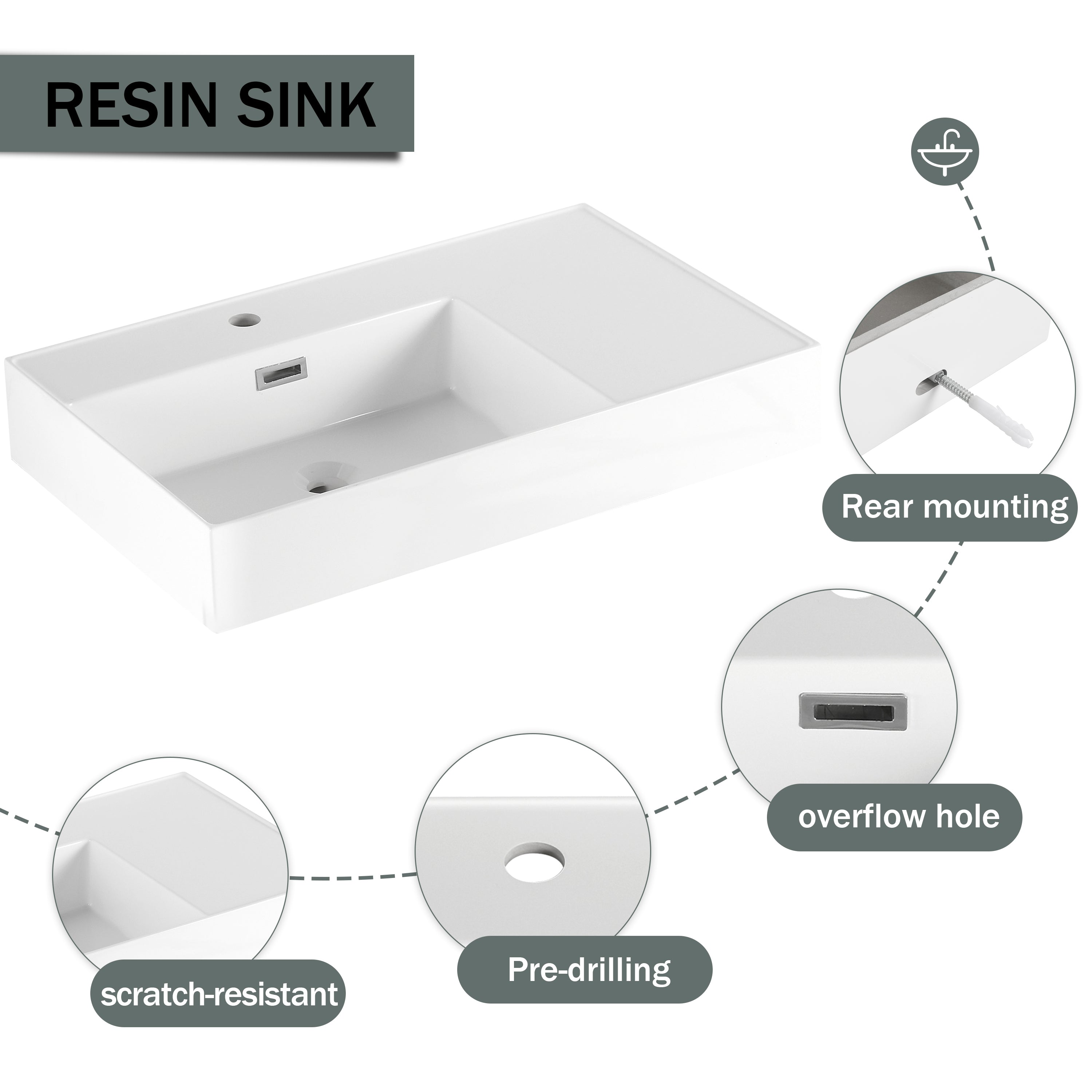 30 inch Wall-Mounted Bathroom Vanity with Resin Sink and Side Cabinet,Soft Close Drawer (KD-Packing), 09430IMO-30L-SC00512IMO Combination Cabinet