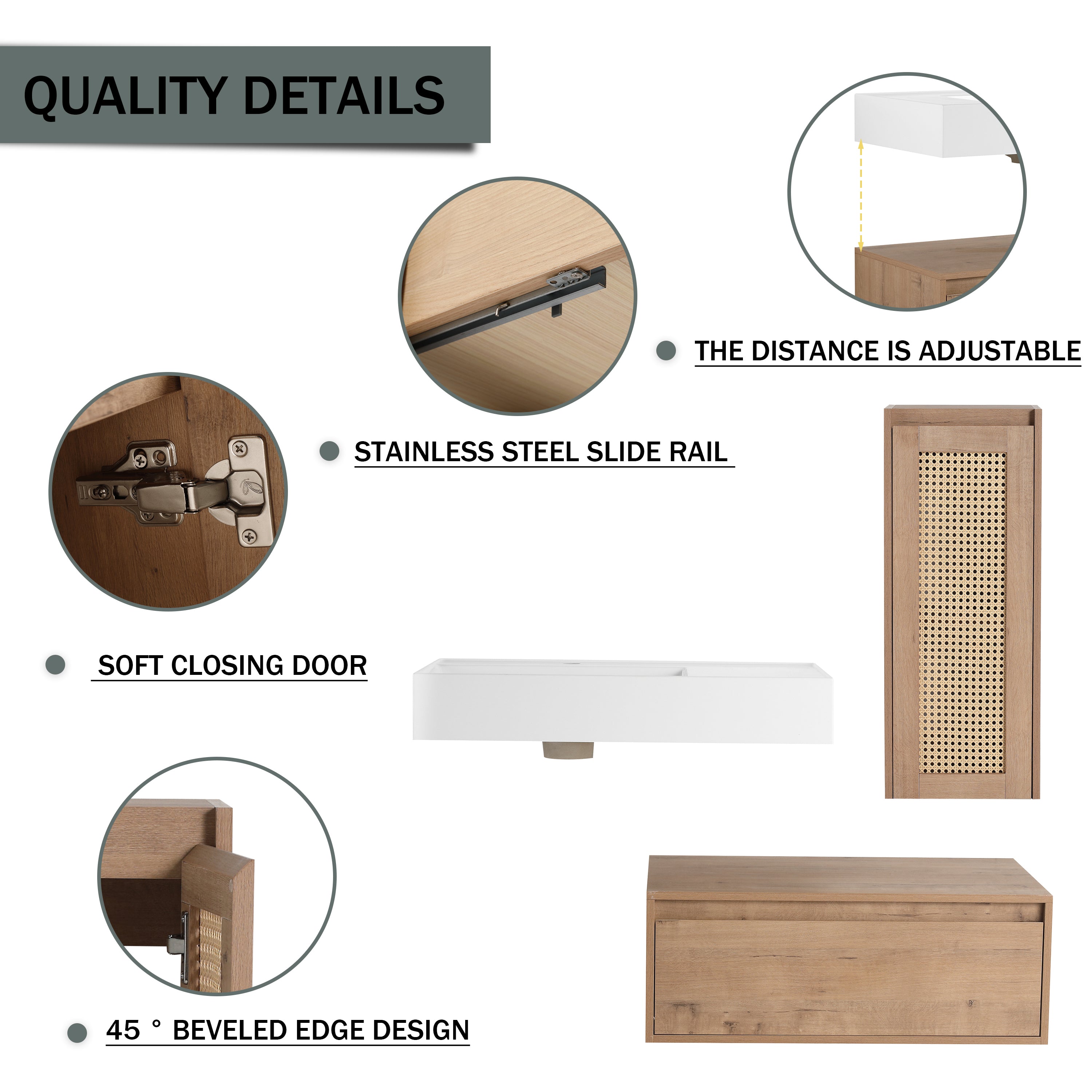 30 inch Wall-Mounted Bathroom Vanity with Resin Sink and Side Cabinet,Soft Close Drawer (KD-Packing), 09430IMO-30L-SC00512IMO Combination Cabinet