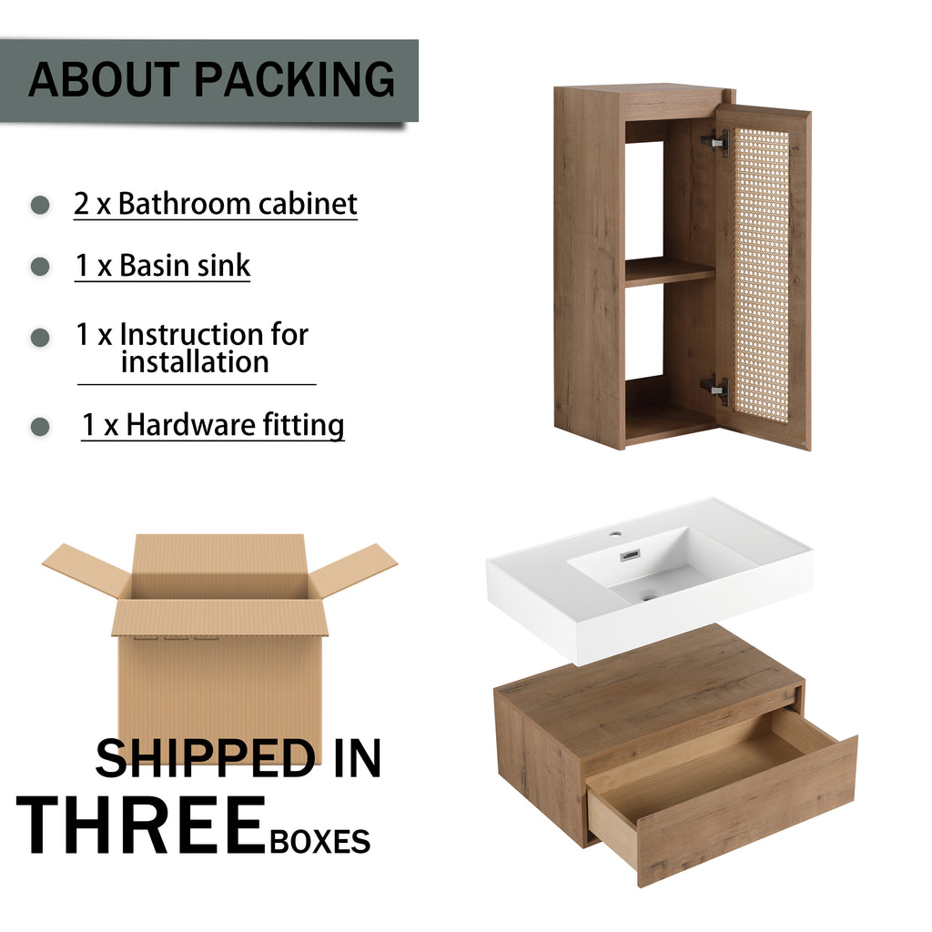 30 inch Wall-Mounted Bathroom Vanity with Resin Sink and Side Cabinet,Soft Close Drawer (KD-Packing), 09430IMO-30L-SC00512IMO Combination Cabinet