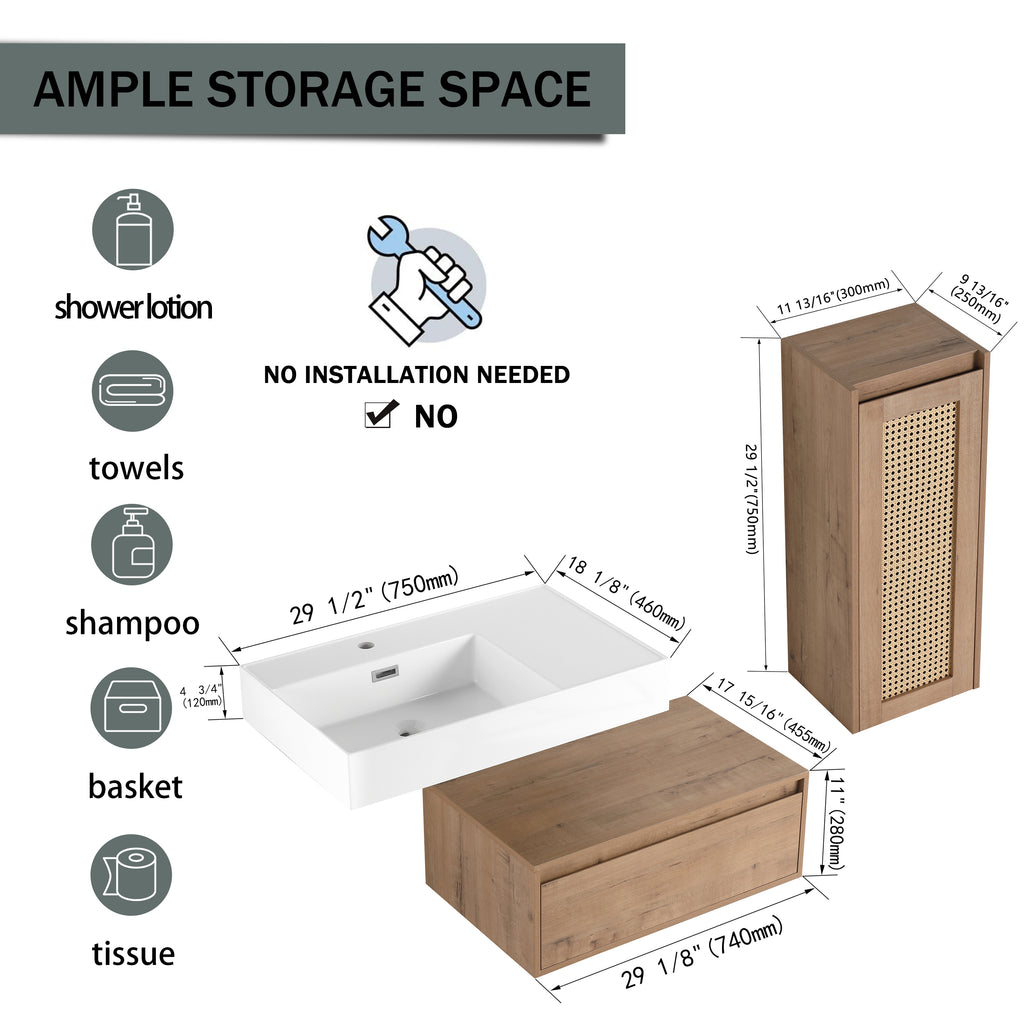30 inch Wall-Mounted Bathroom Vanity with Resin Sink and Side Cabinet,Soft Close Drawer (KD-Packing), 09430IMO-30L-SC00512IMO Combination Cabinet