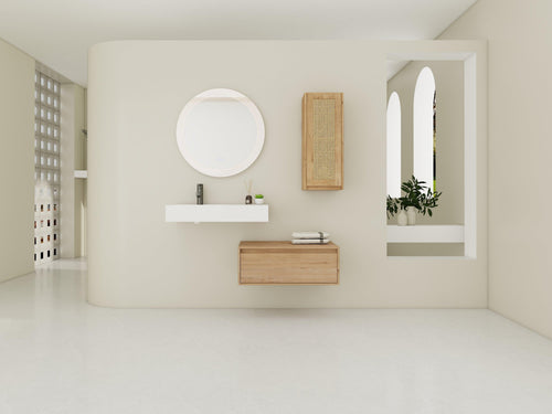 Modern 30 Inch Wall Mounted Oak Bathroom Vanity with Resin Sink.