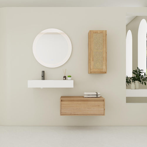Modern 30 Inch Wall Mounted Oak Bathroom Vanity with Resin Sink.