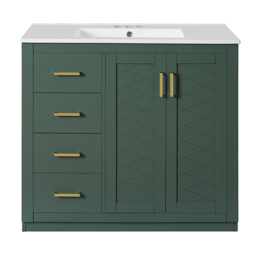 36'' Bathroom Vanity with Ceramic Sink Combo, Solid Wood Frame Bathroom Storage Cabinet, Freestanding Vanity Set with 3 Drawers& Soft Closing Doors