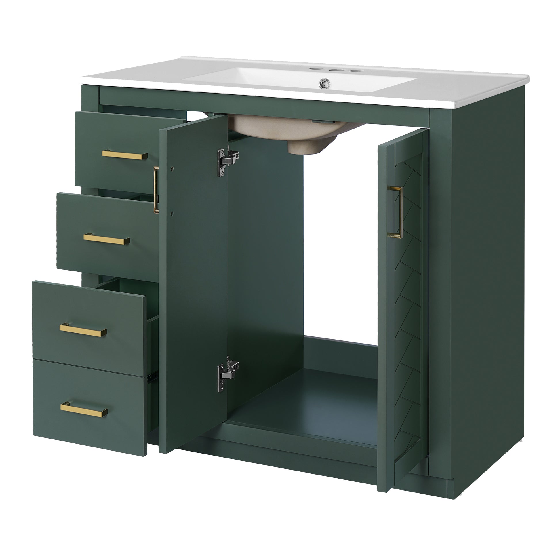 36'' Bathroom Vanity with Ceramic Sink Combo, Solid Wood Frame Bathroom Storage Cabinet, Freestanding Vanity Set with 3 Drawers& Soft Closing Doors