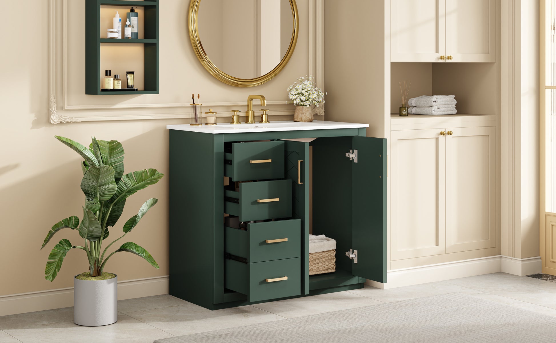 36'' Bathroom Vanity with Ceramic Sink Combo, Solid Wood Frame Bathroom Storage Cabinet, Freestanding Vanity Set with 3 Drawers& Soft Closing Doors