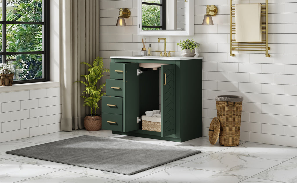 36'' Bathroom Vanity with Ceramic Sink Combo, Solid Wood Frame Bathroom Storage Cabinet, Freestanding Vanity Set with 3 Drawers& Soft Closing Doors