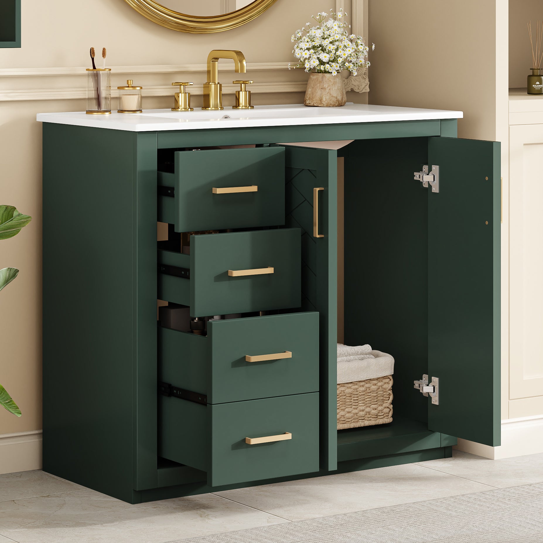 36'' Bathroom Vanity with Ceramic Sink Combo, Solid Wood Frame Bathroom Storage Cabinet, Freestanding Vanity Set with 3 Drawers& Soft Closing Doors